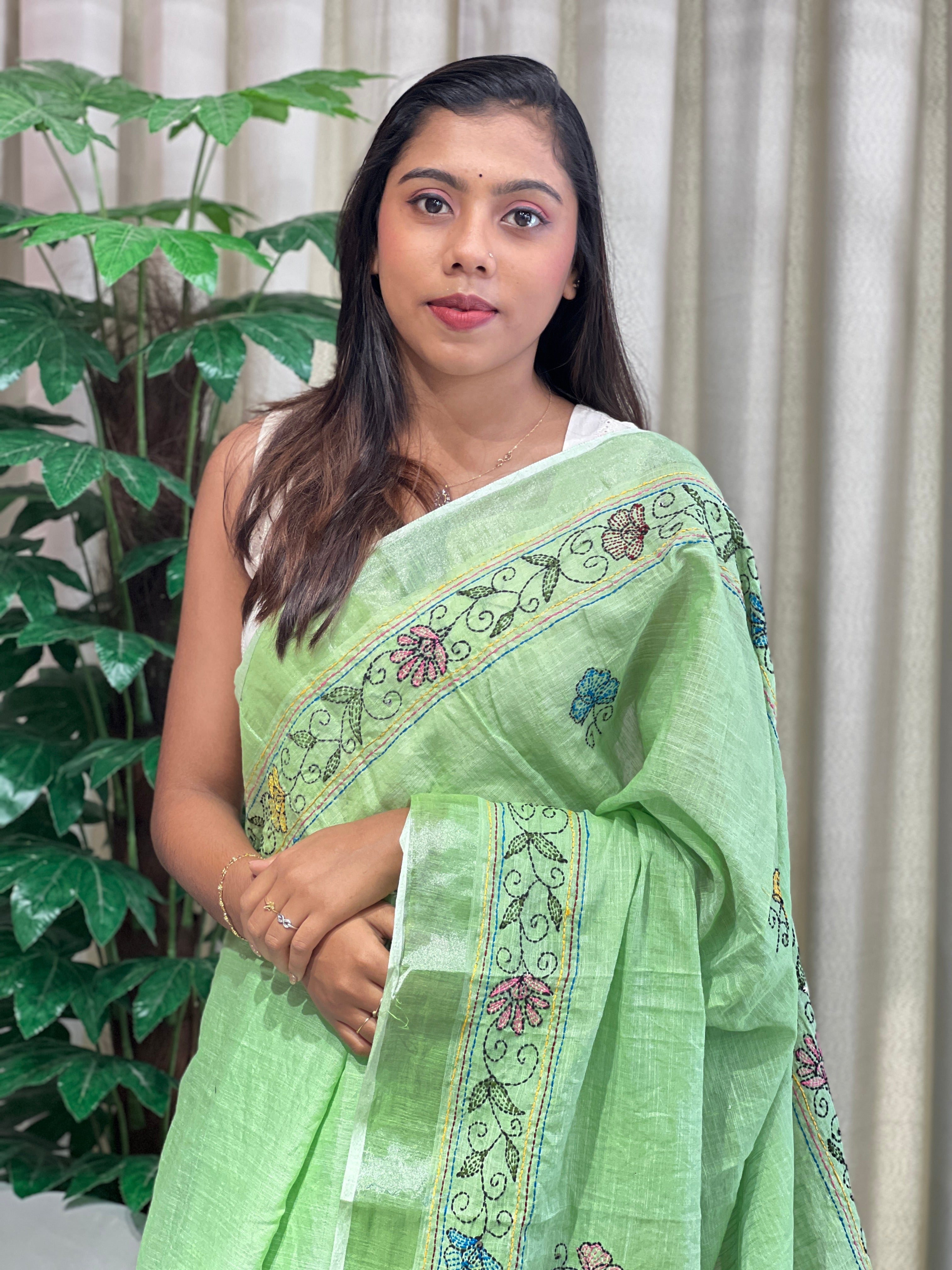 Kantha Embroidery Detailed Semi Linen Saree | RP791