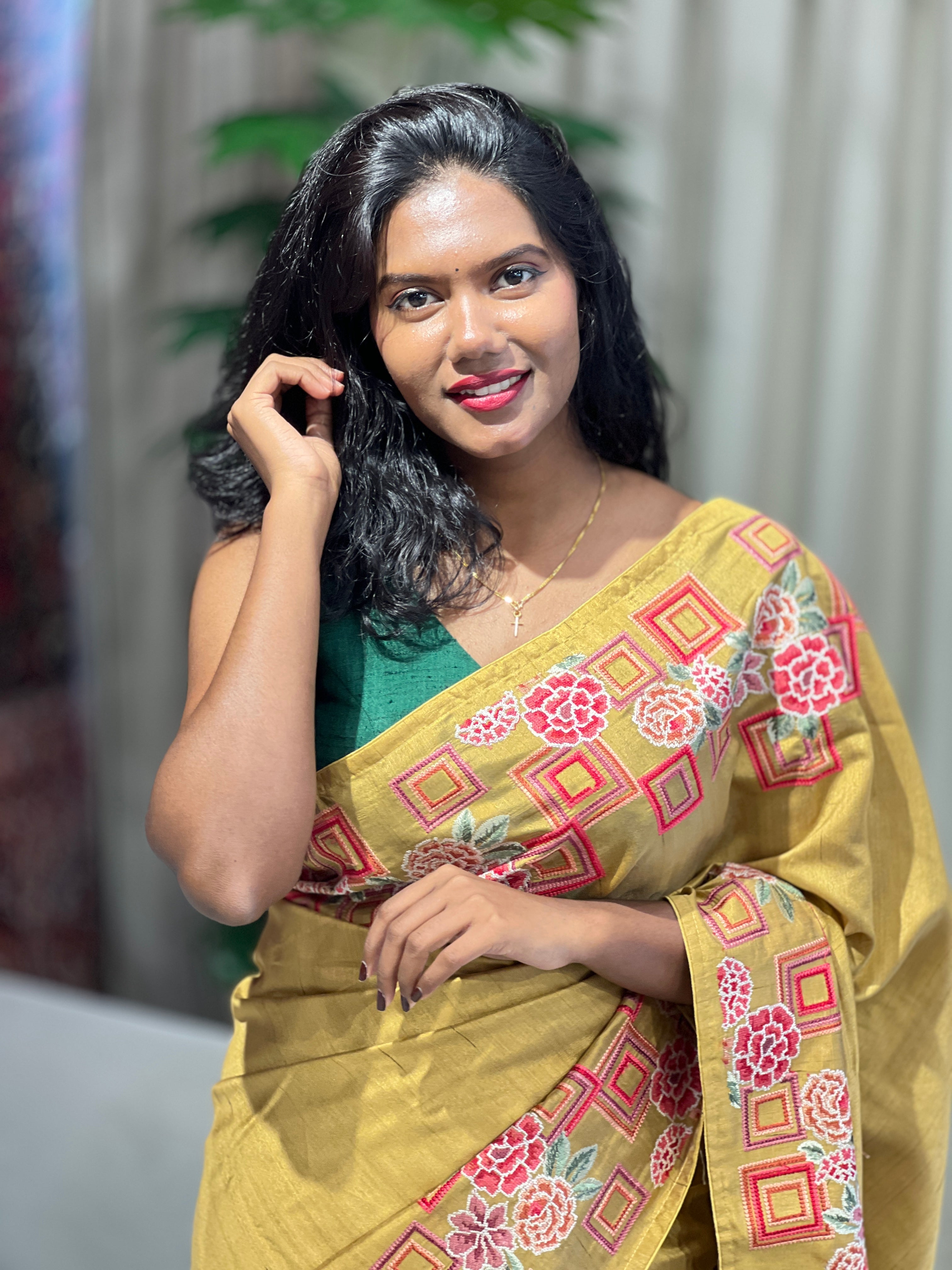 Multicolour Thread Embroidery Detailed Semi Tussar Saree | SUN537
