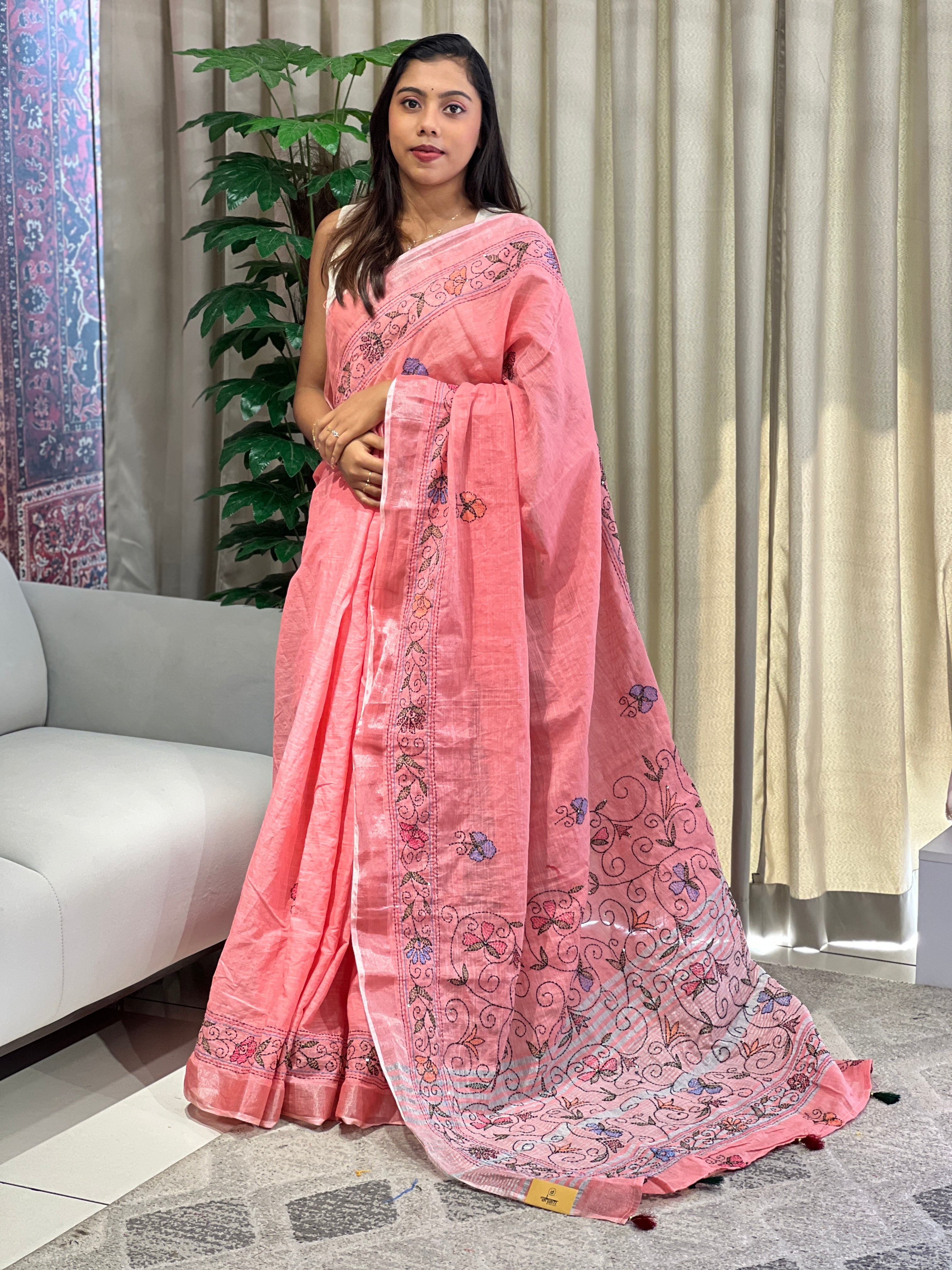 Kantha Embroidery Detailed Semi Linen Saree | RP792