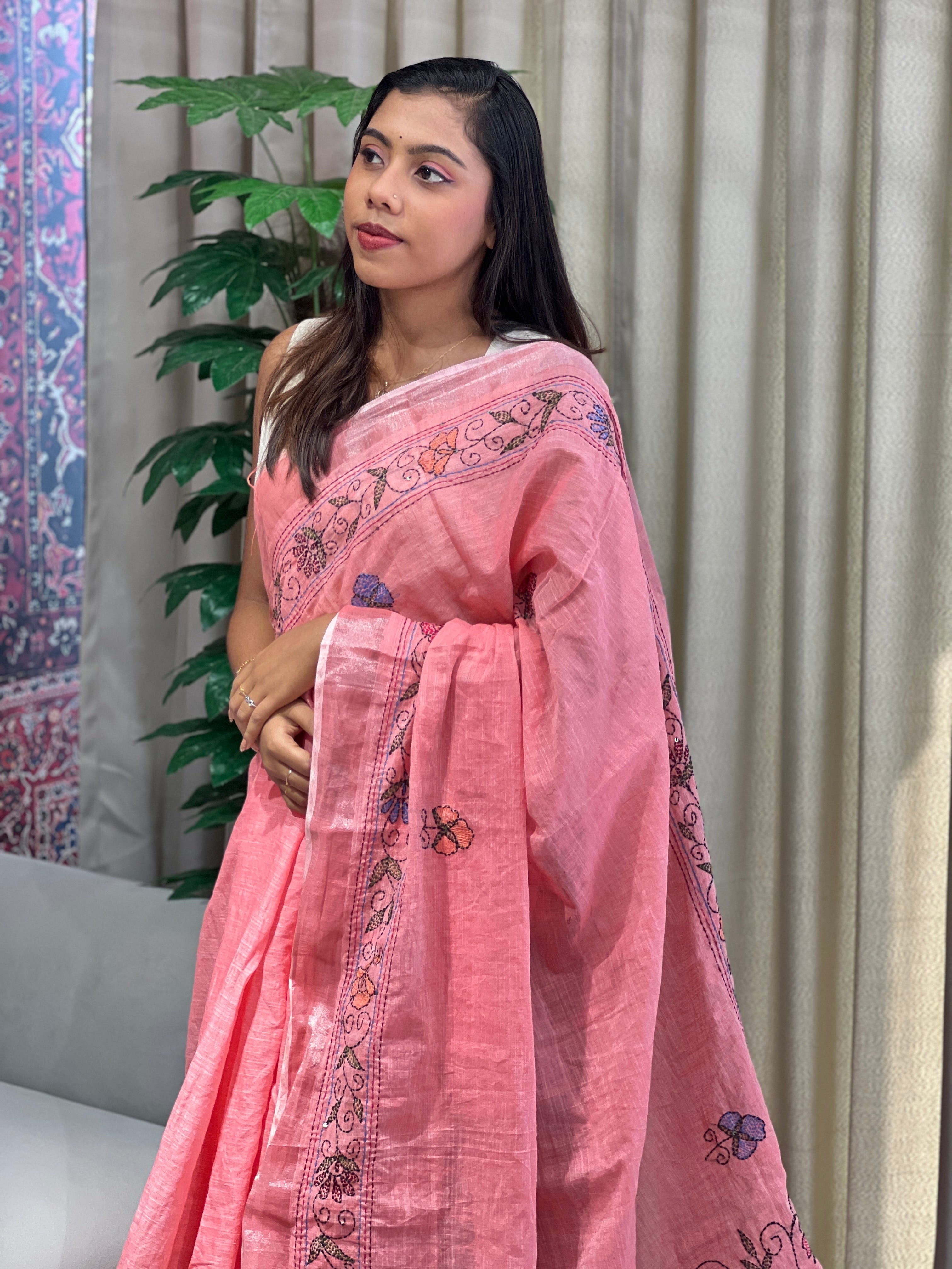 Kantha Embroidery Detailed Semi Linen Saree | RP792