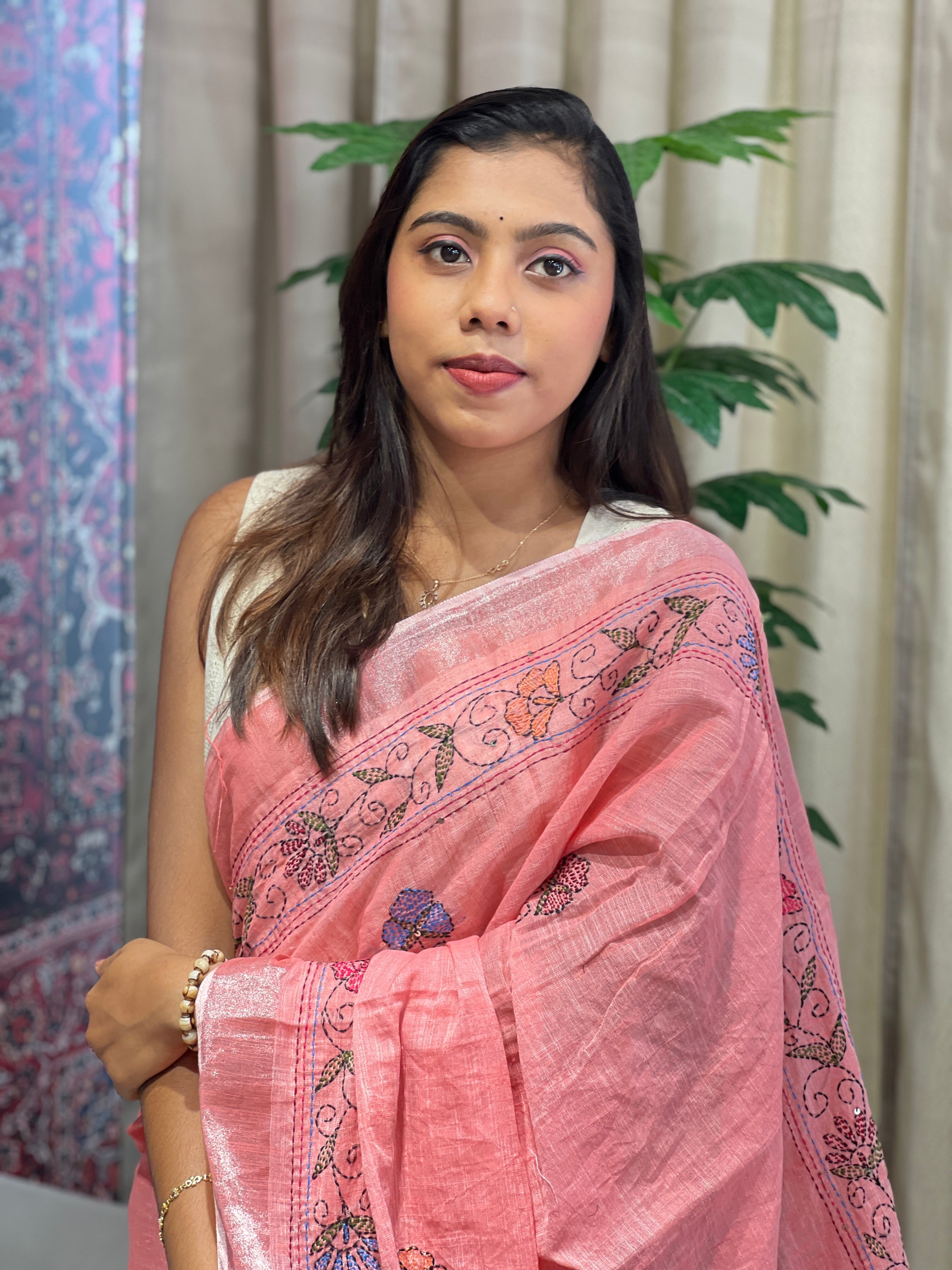 Kantha Embroidery Detailed Semi Linen Saree | RP792