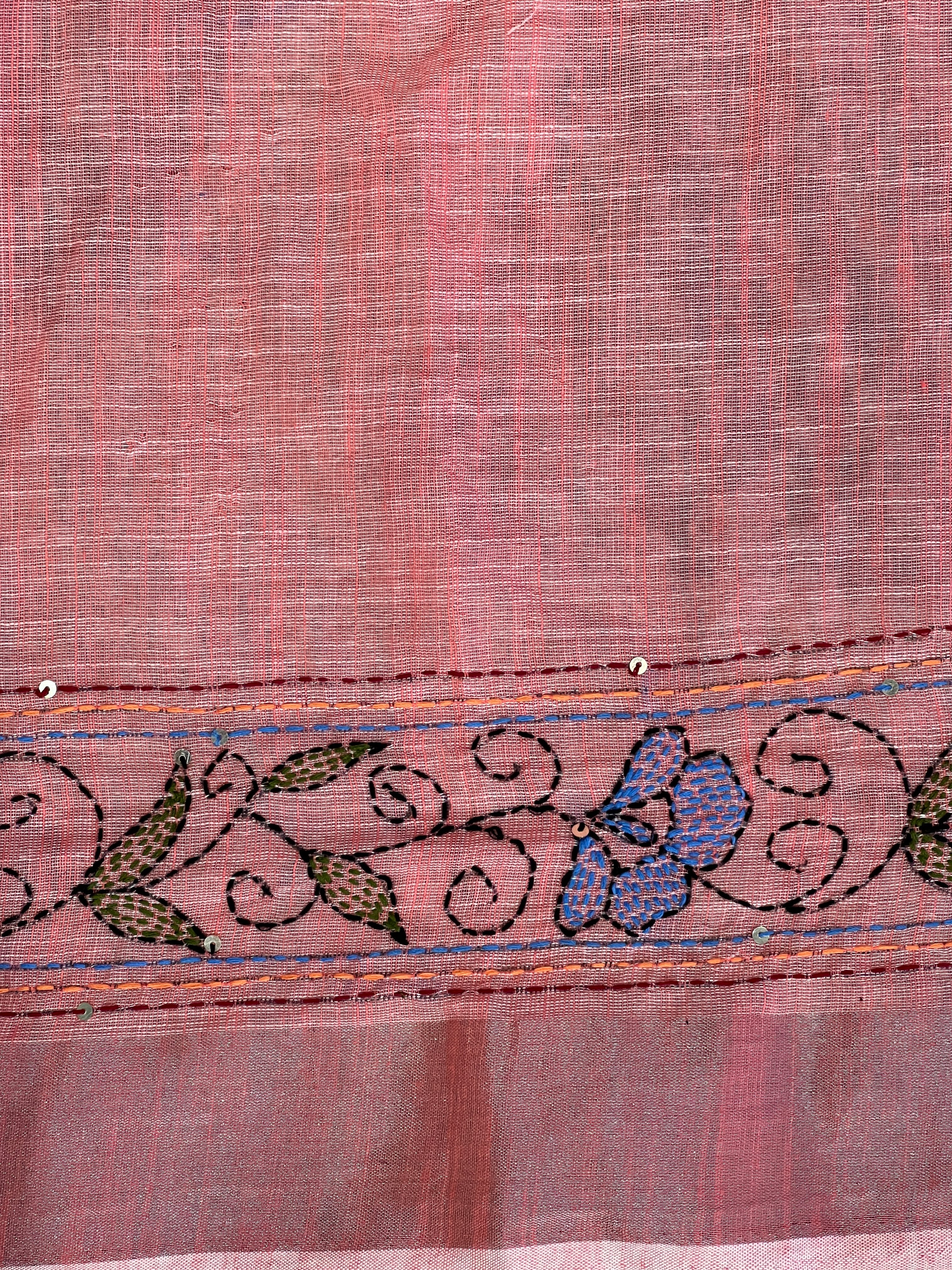 Kantha Embroidery Detailed Semi Linen Saree | RP792