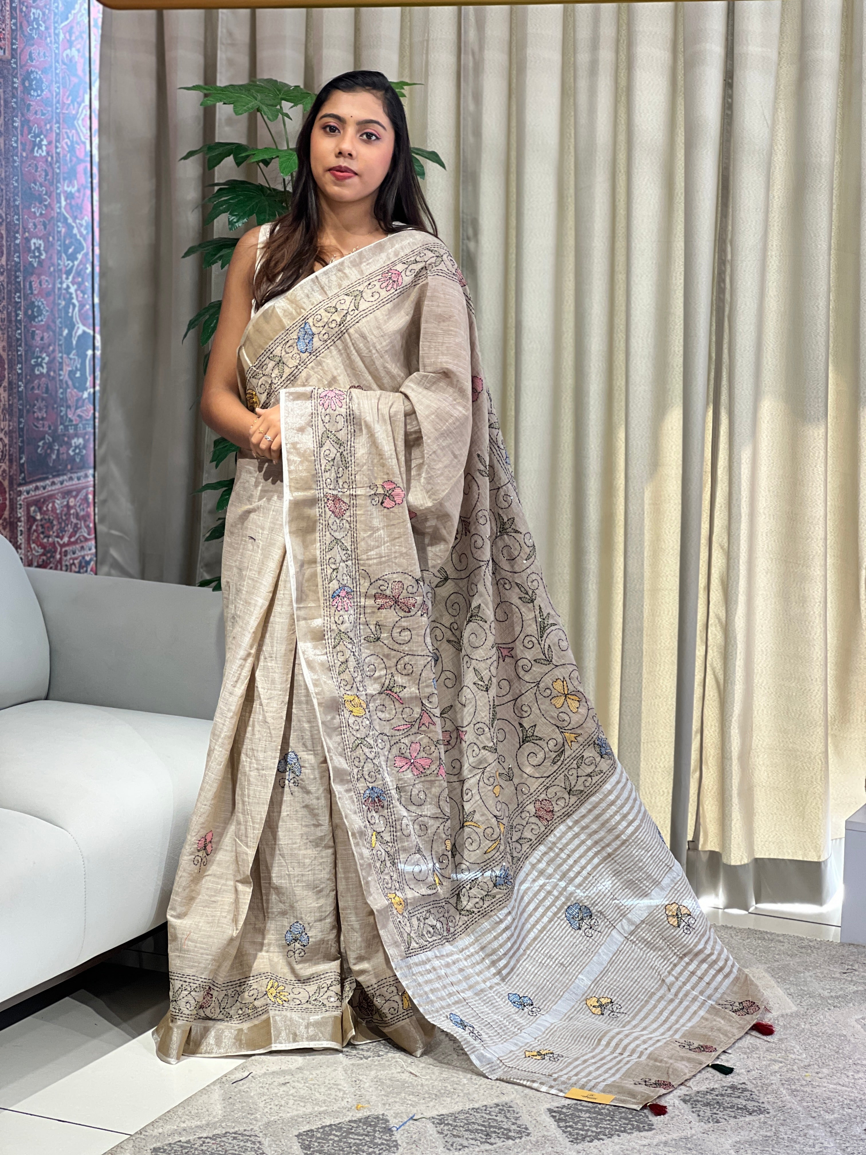Kantha Embroidery Detailed Semi Linen Saree | RP790