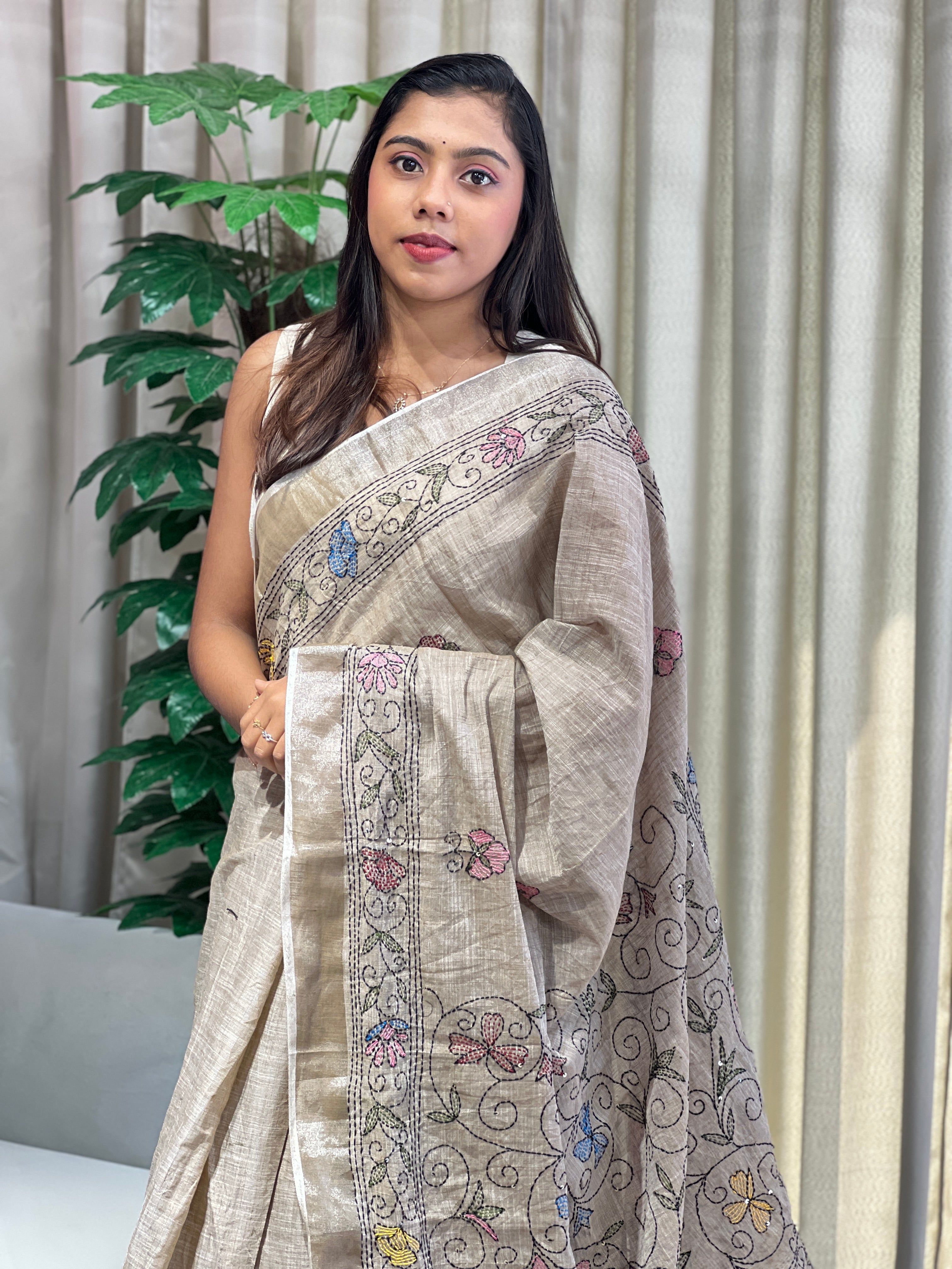 Kantha Embroidery Detailed Semi Linen Saree | RP790