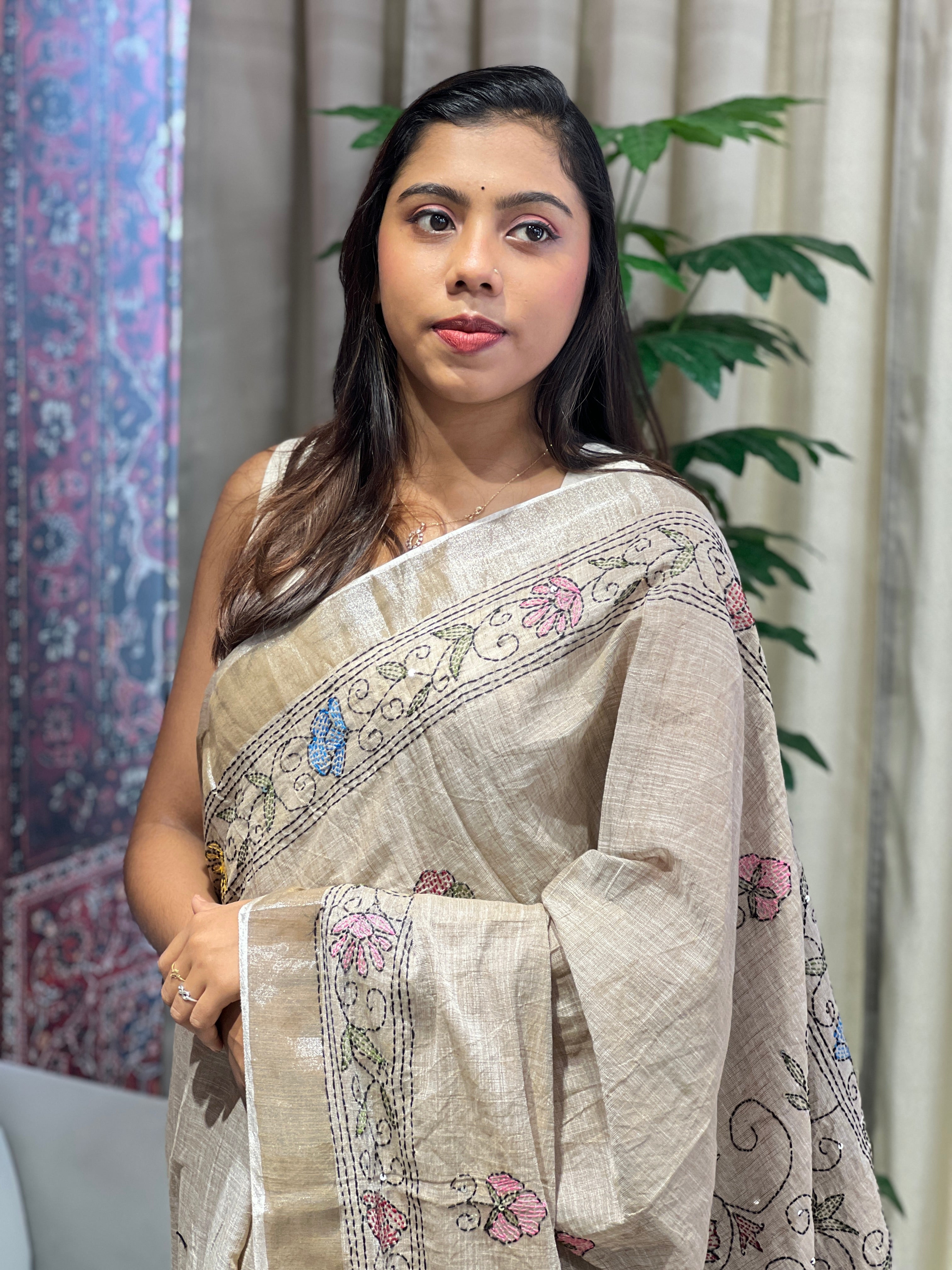 Kantha Embroidery Detailed Semi Linen Saree | RP790