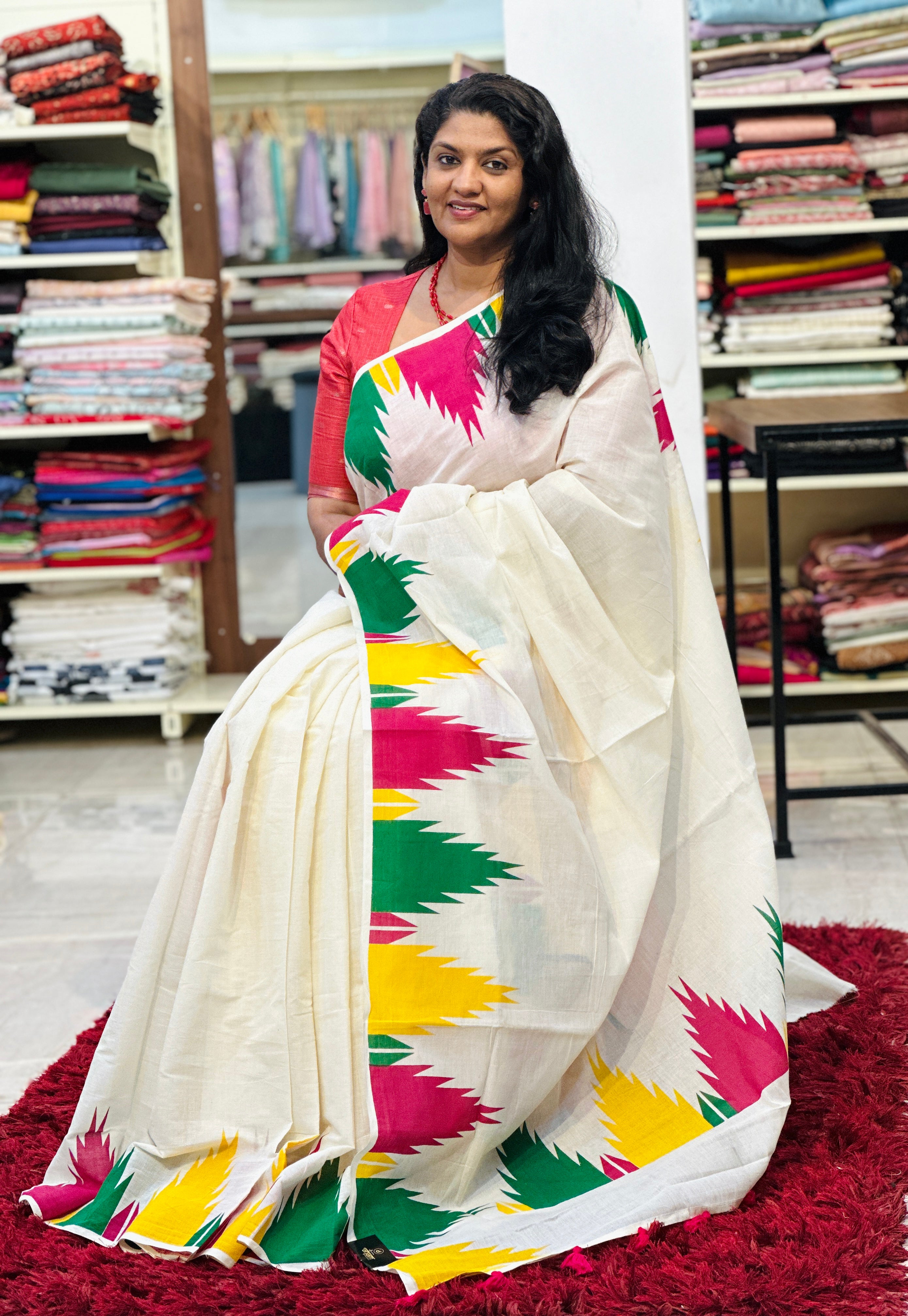 Temple Bordered Pattern Kerala Cotton Saree | PMCT101