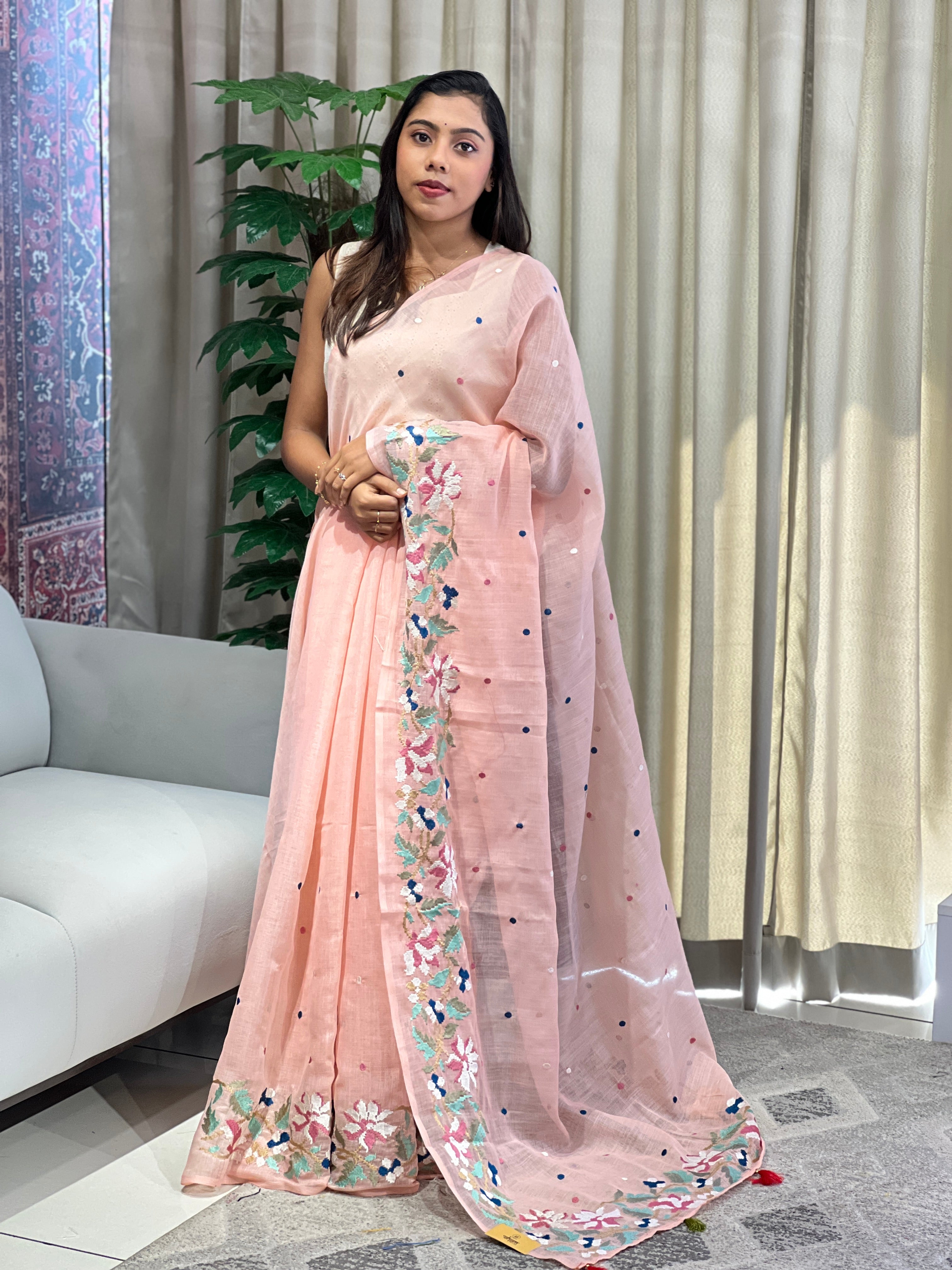 Floral Embroidered Linen Cotton Saree | RP794