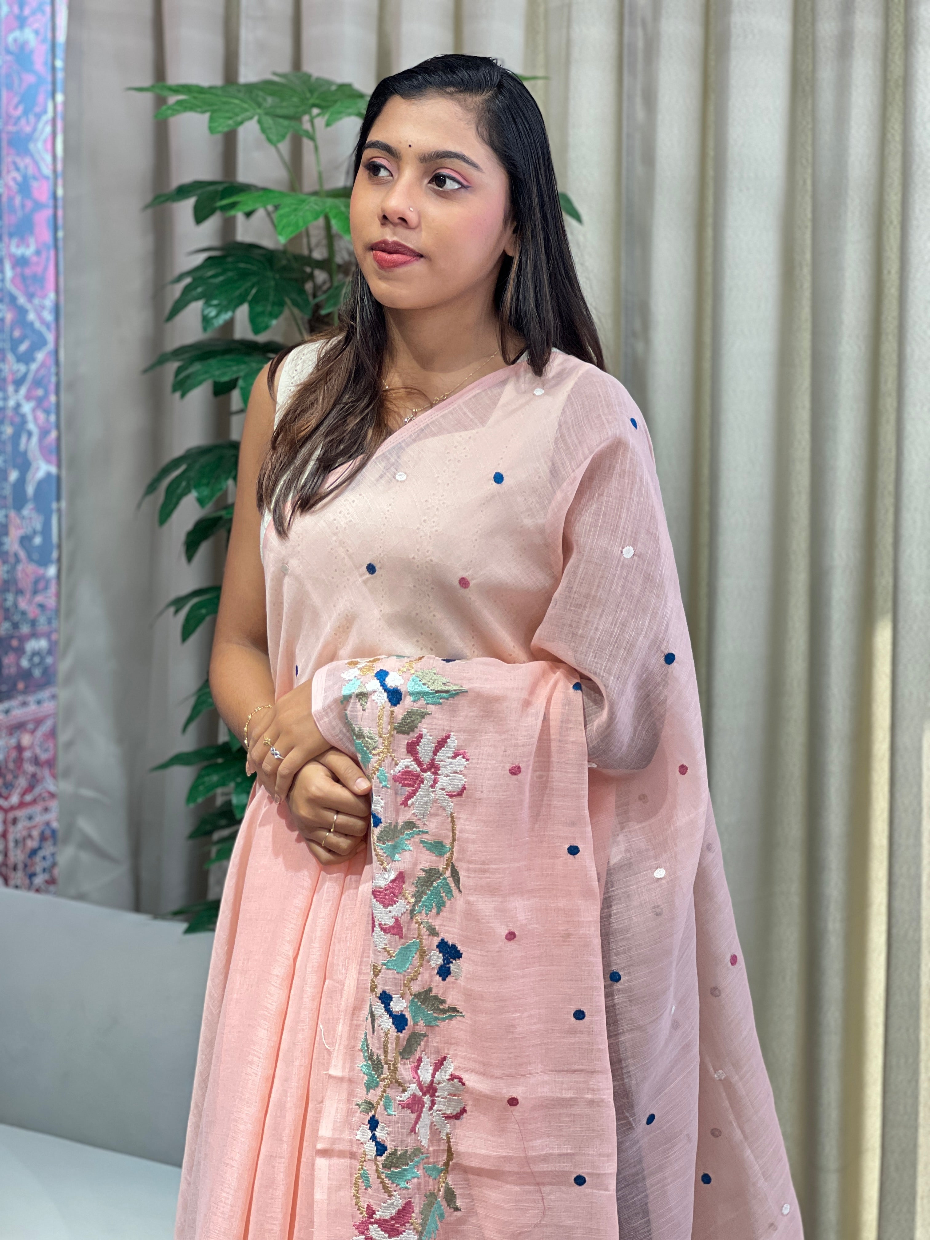 Floral Embroidered Linen Cotton Saree | RP794