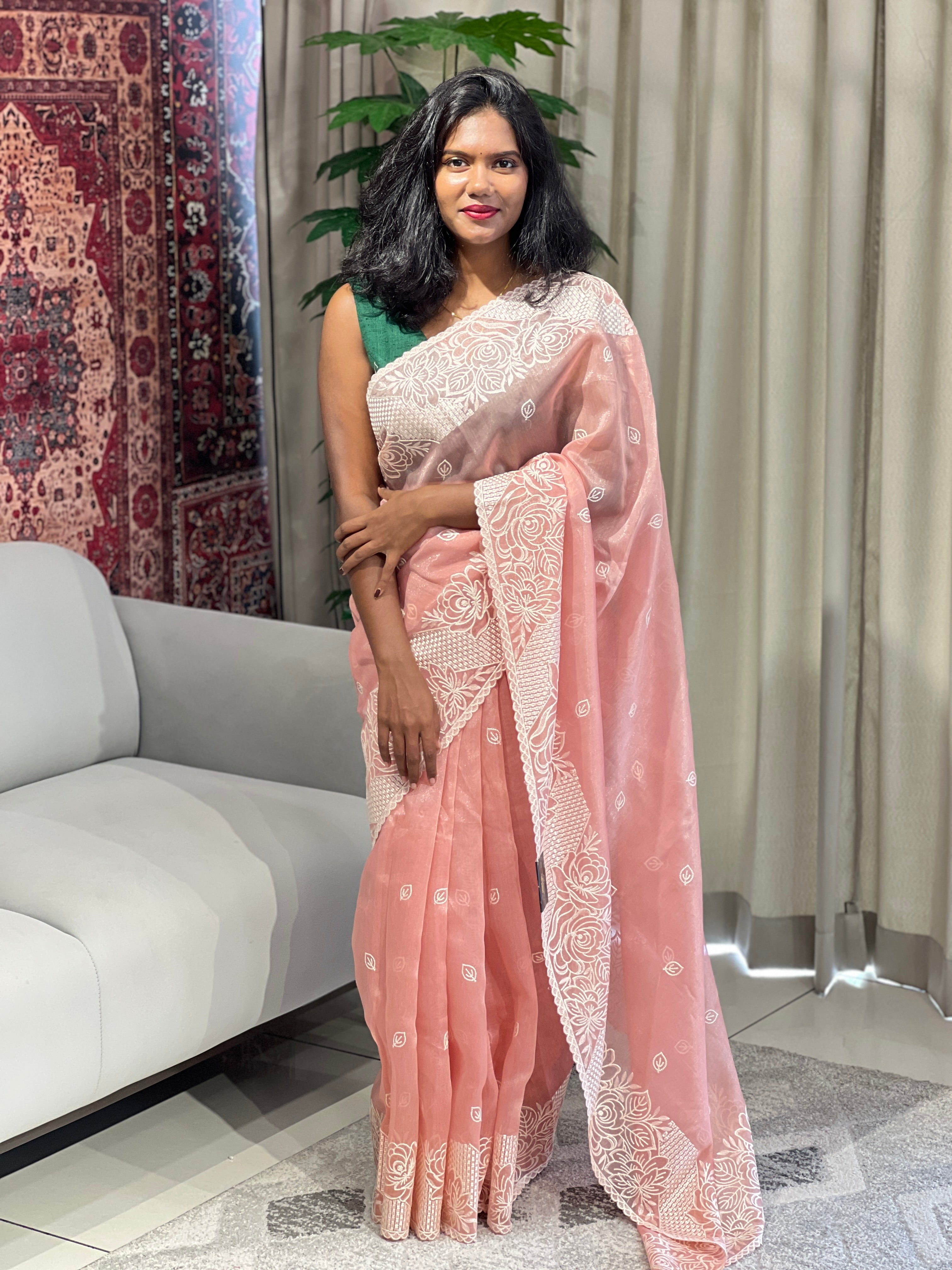 Point Embroidery Detailed Viscose Organza Saree | SUN512