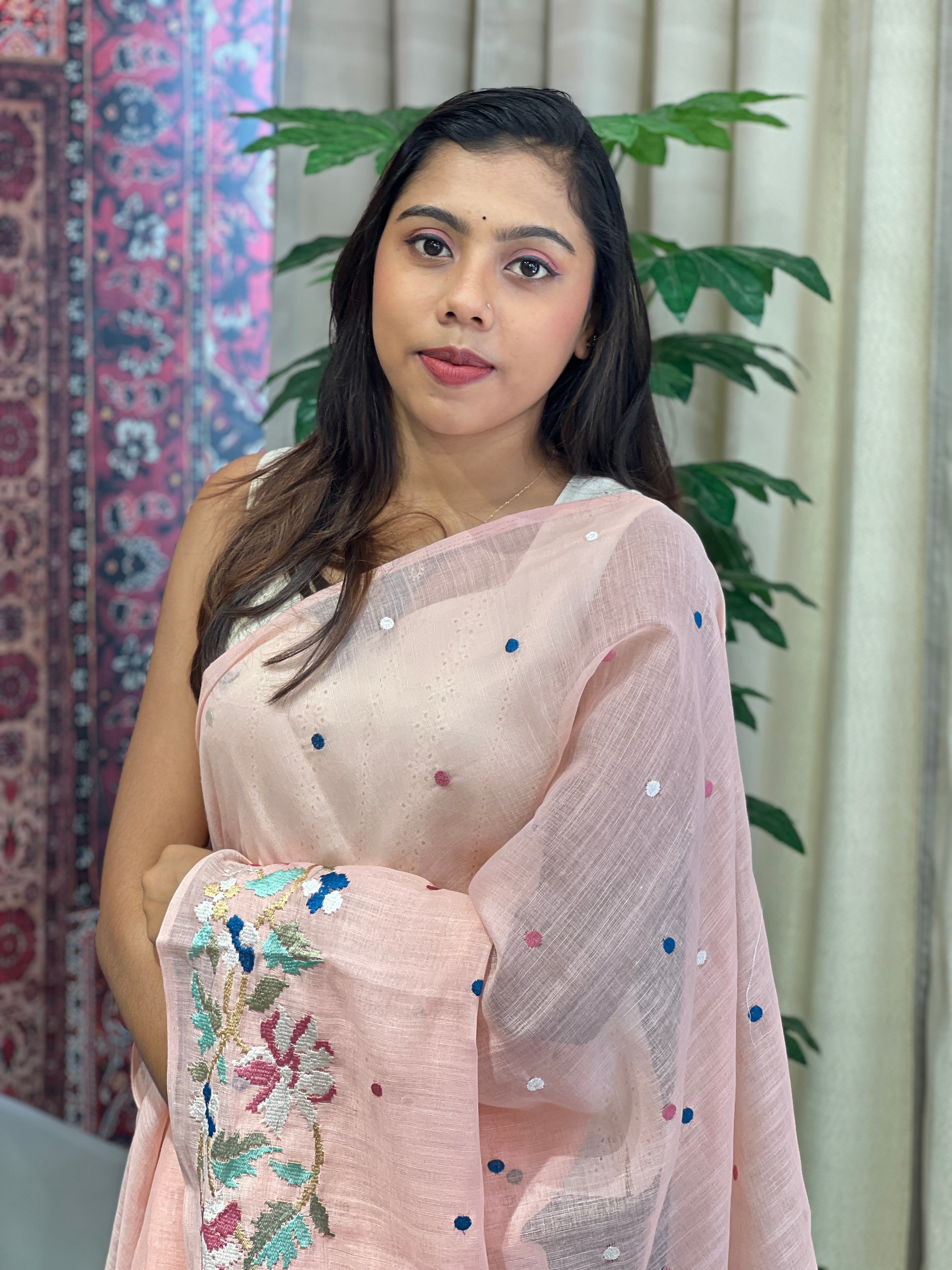 Floral Embroidered Linen Cotton Saree | RP794