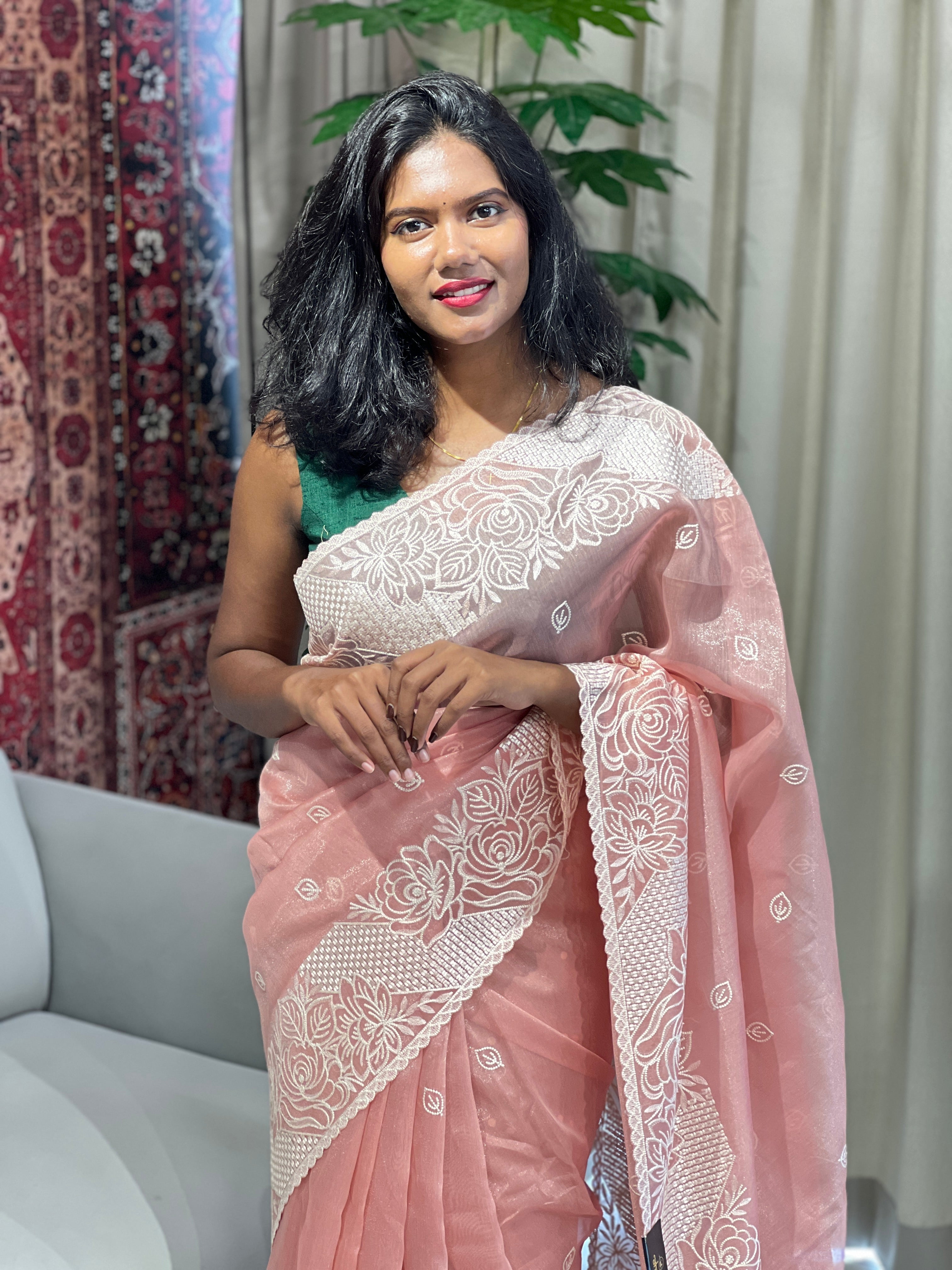Point Embroidery Detailed Viscose Organza Saree | SUN512