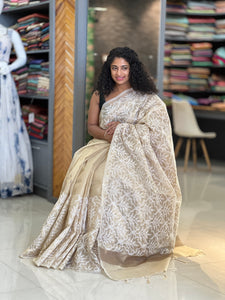 Thread Embroidered Beige Color Tissue Saree | BLD189