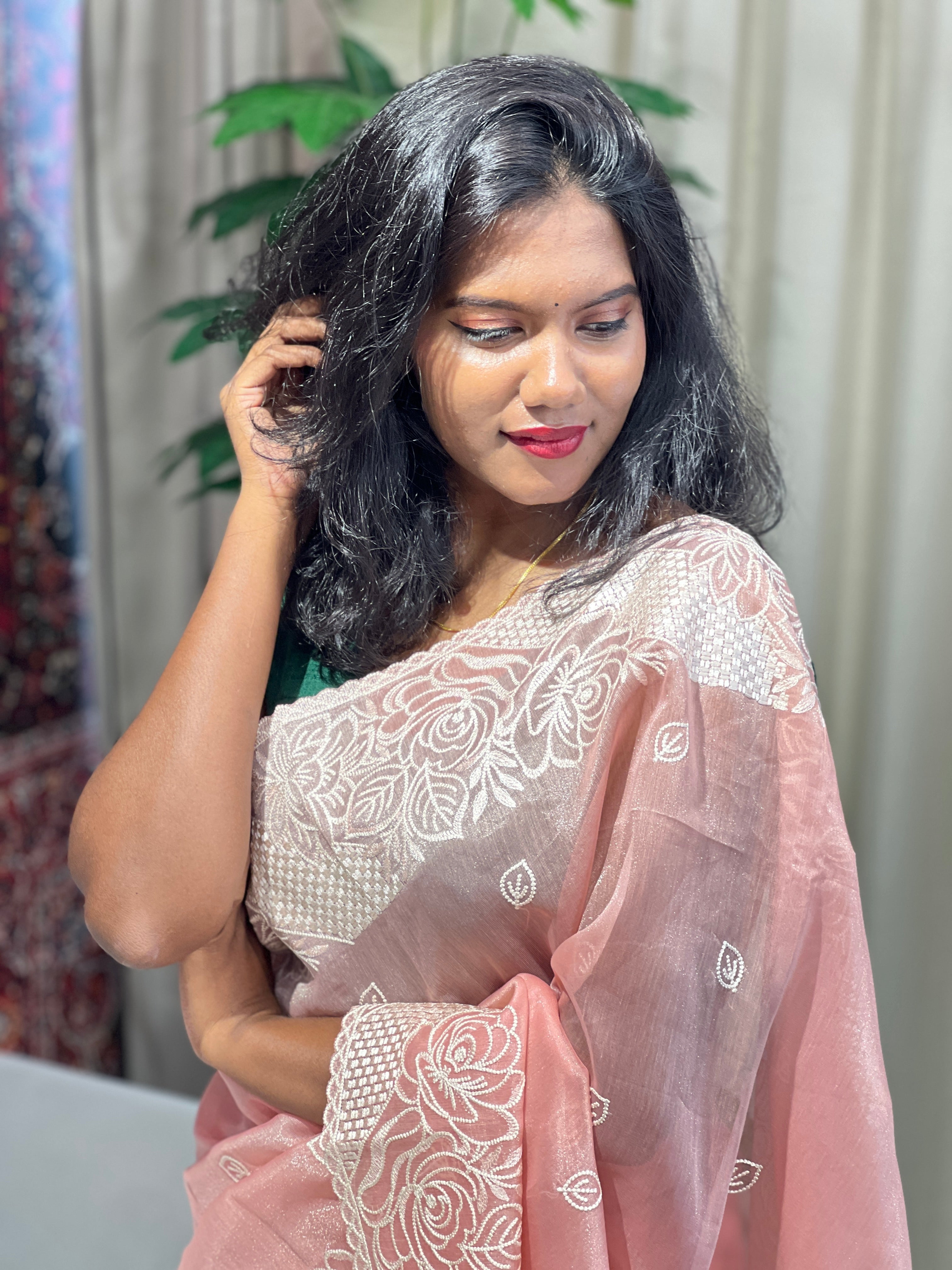 Point Embroidery Detailed Viscose Organza Saree | SUN512