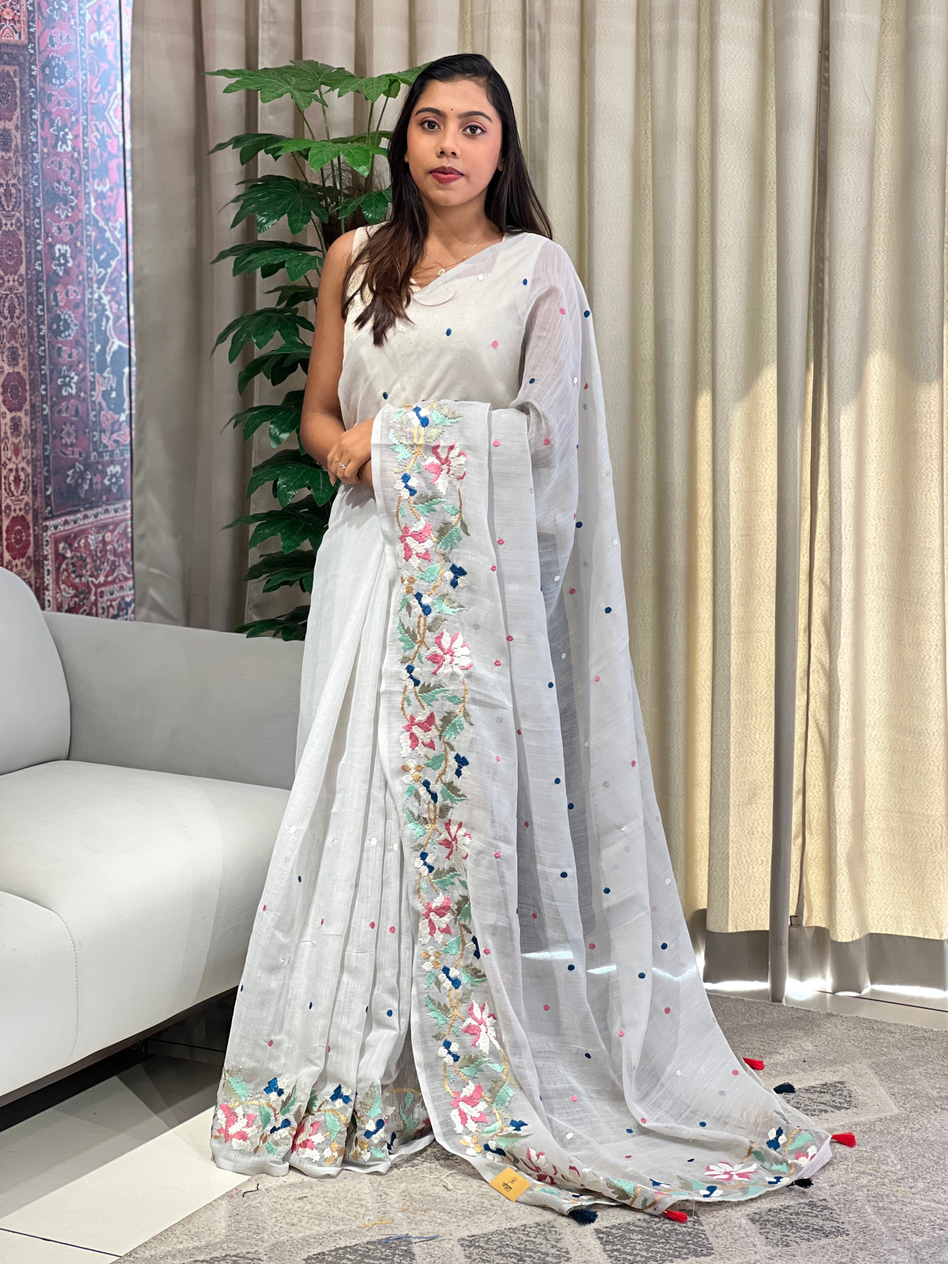Floral Embroidered Linen Cotton Saree | RP795