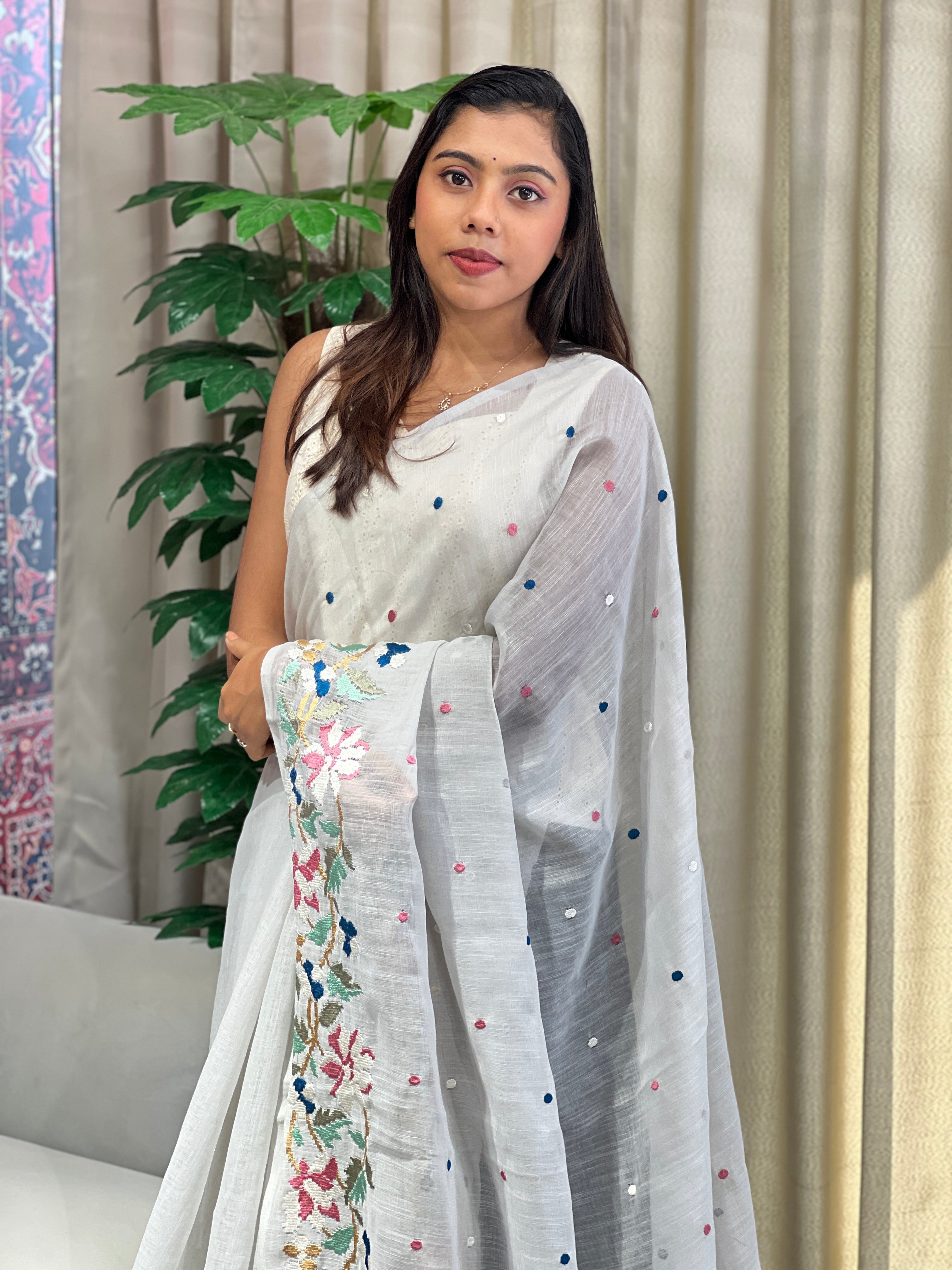 Floral Embroidered Linen Cotton Saree | RP795