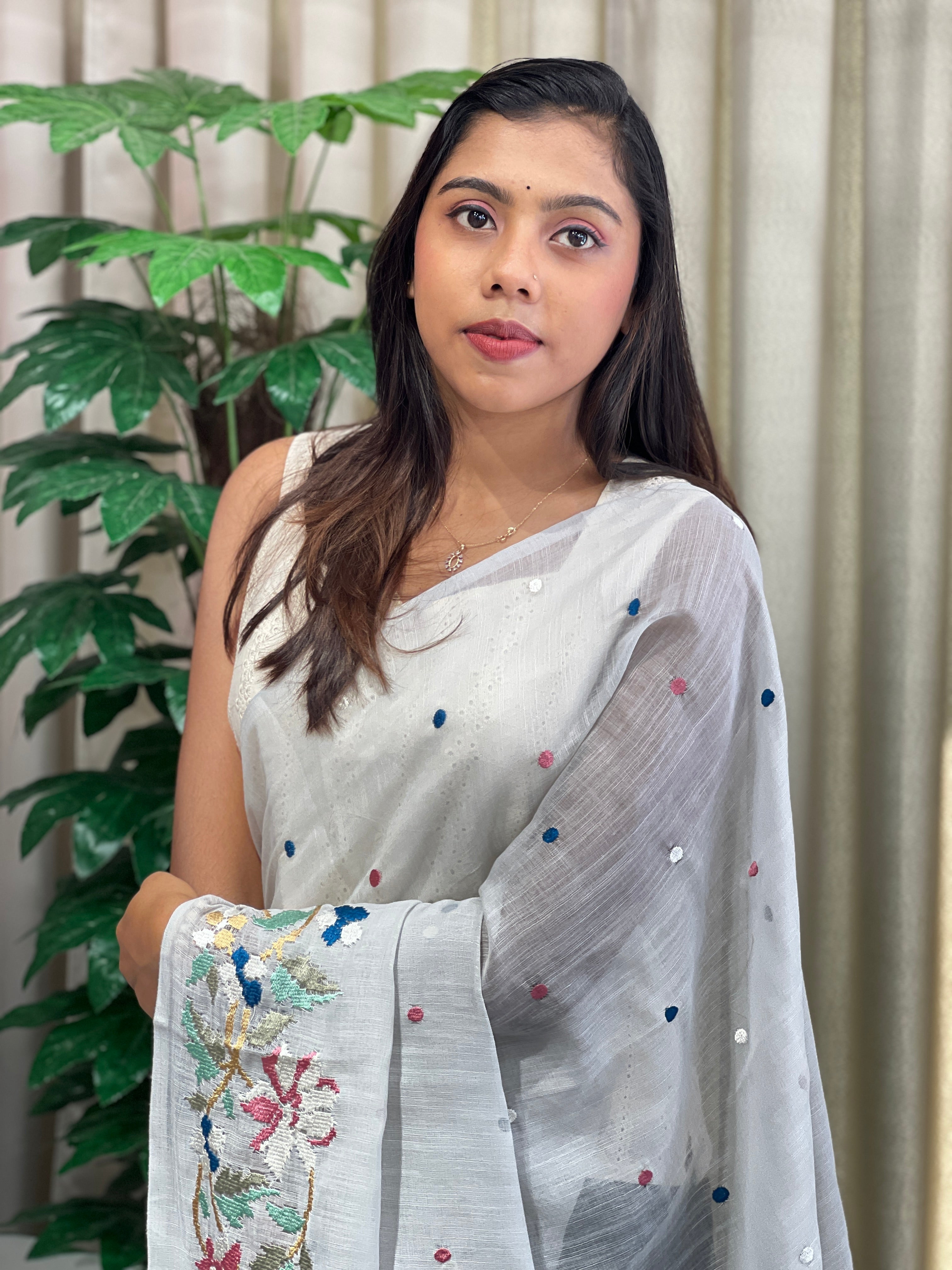 Floral Embroidered Linen Cotton Saree | RP795