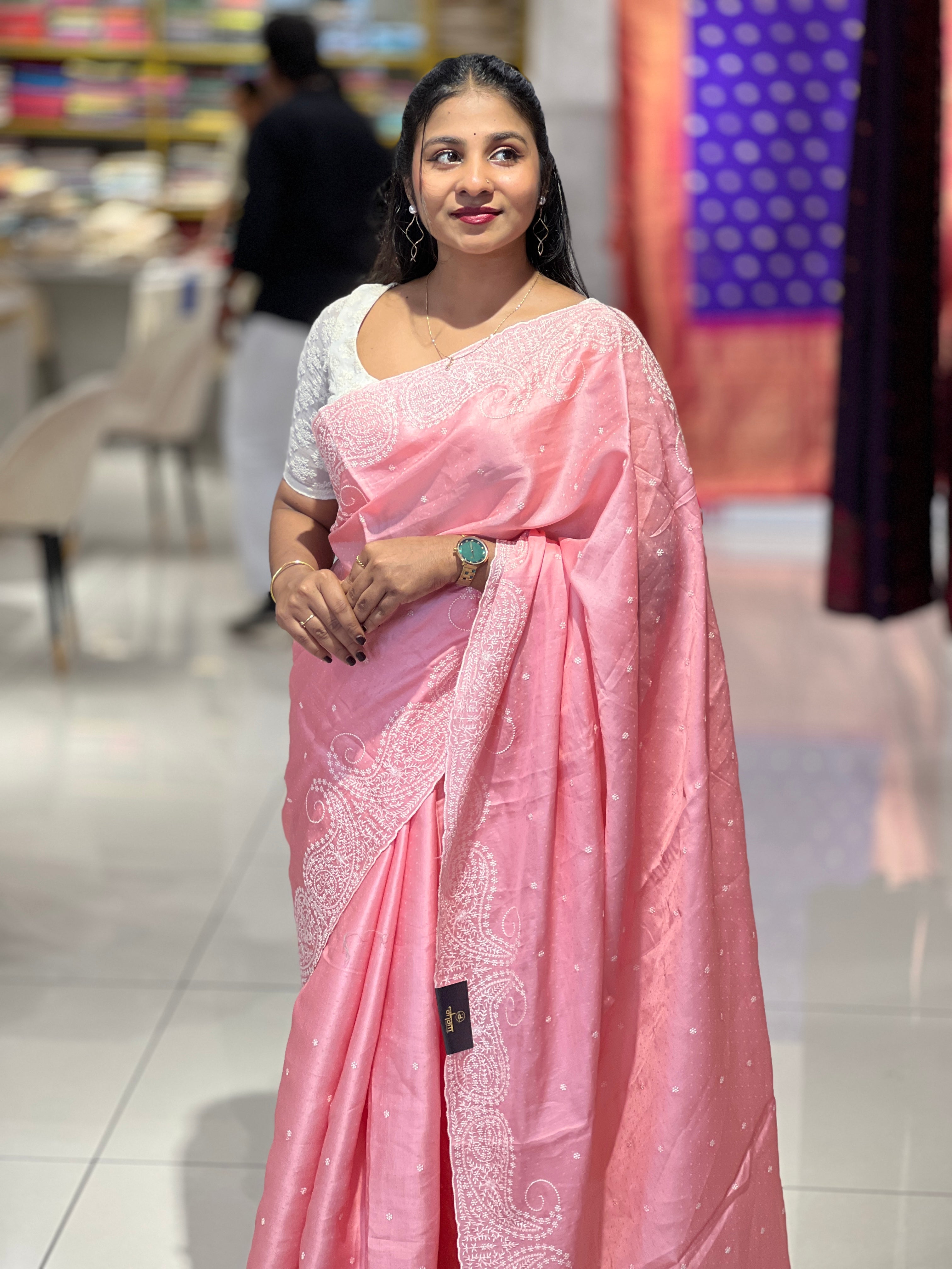 Point Embroidery Detailed Semi Tussar Saree | SUN520