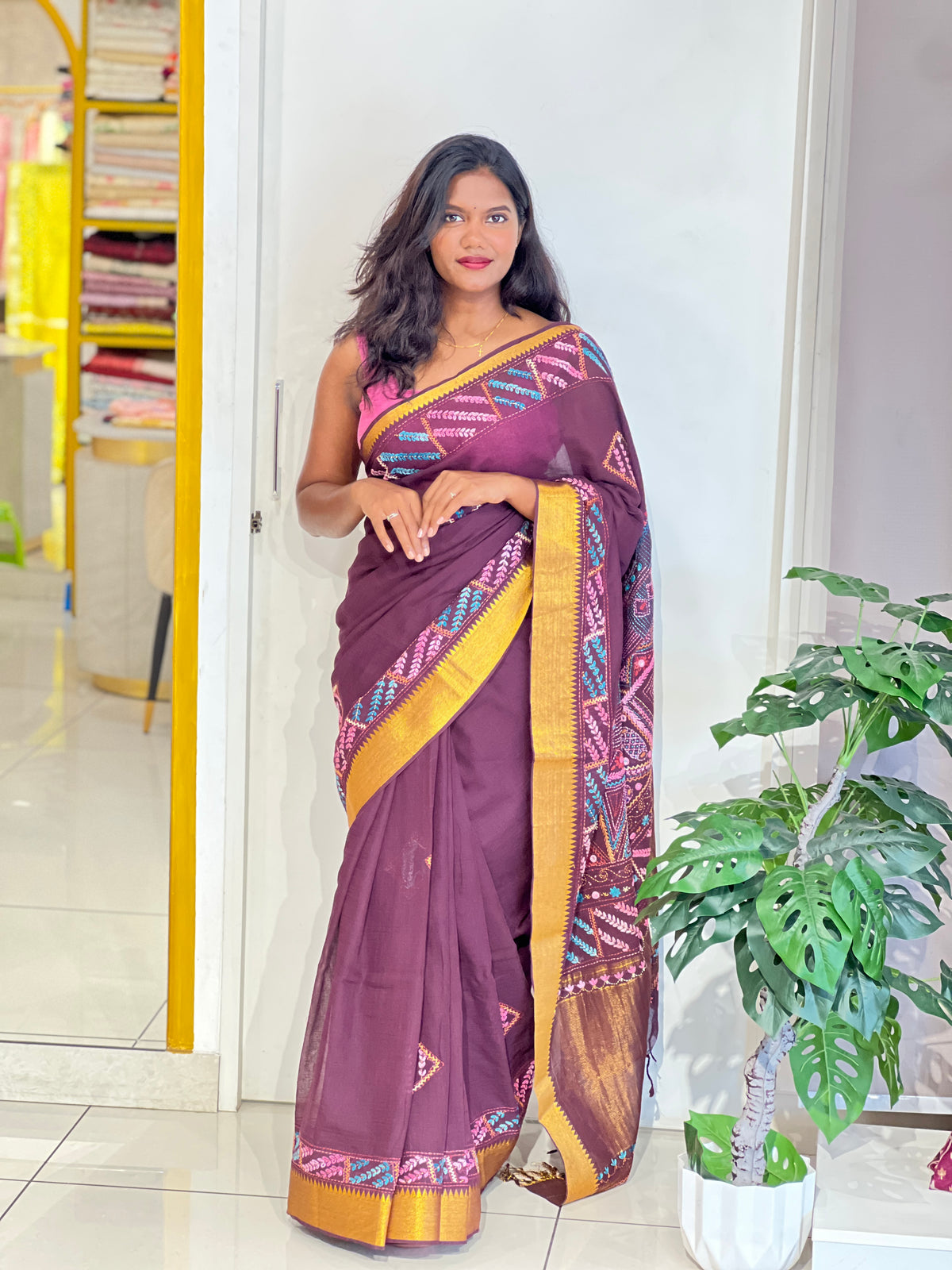 Hand Embroidery Detailed Cotton Saree | SBS1244