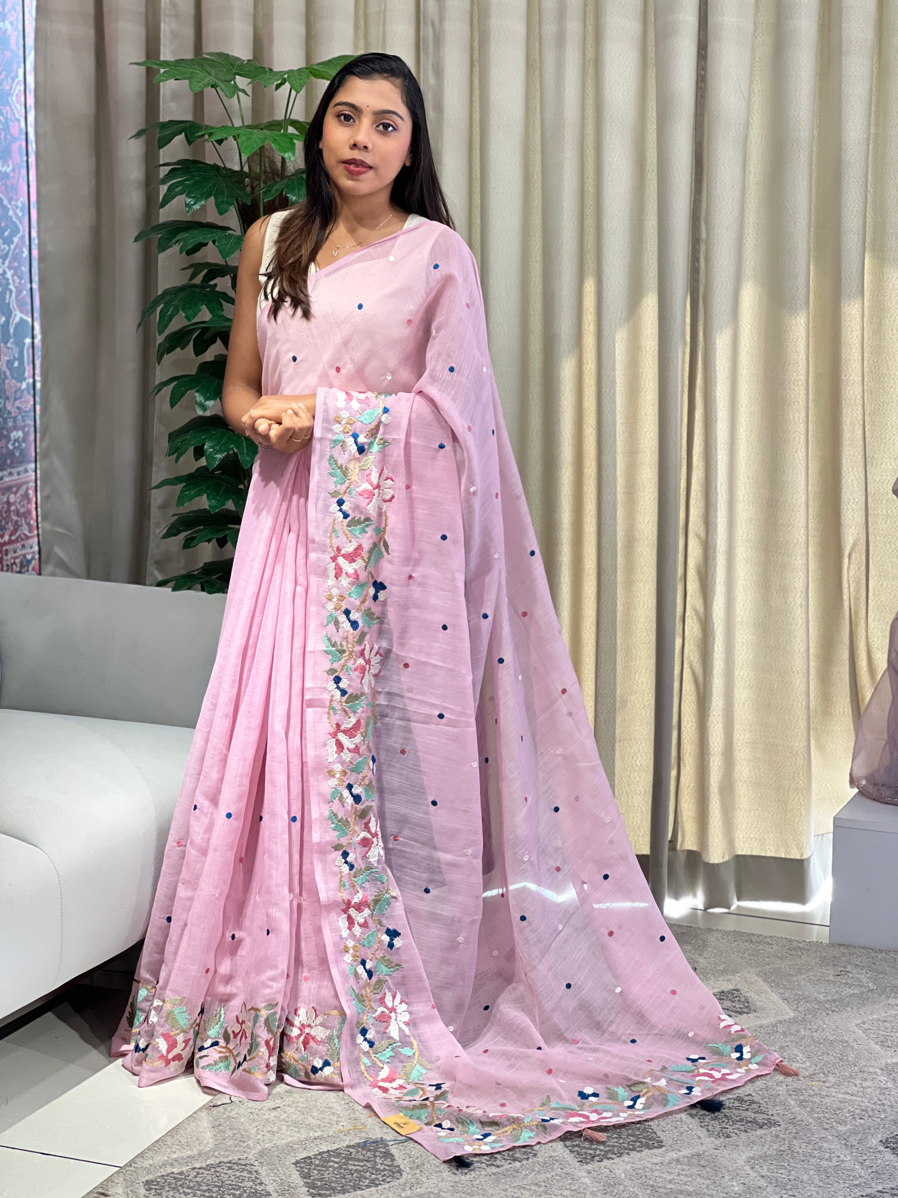 Floral Embroidered Linen Cotton Saree | RP793
