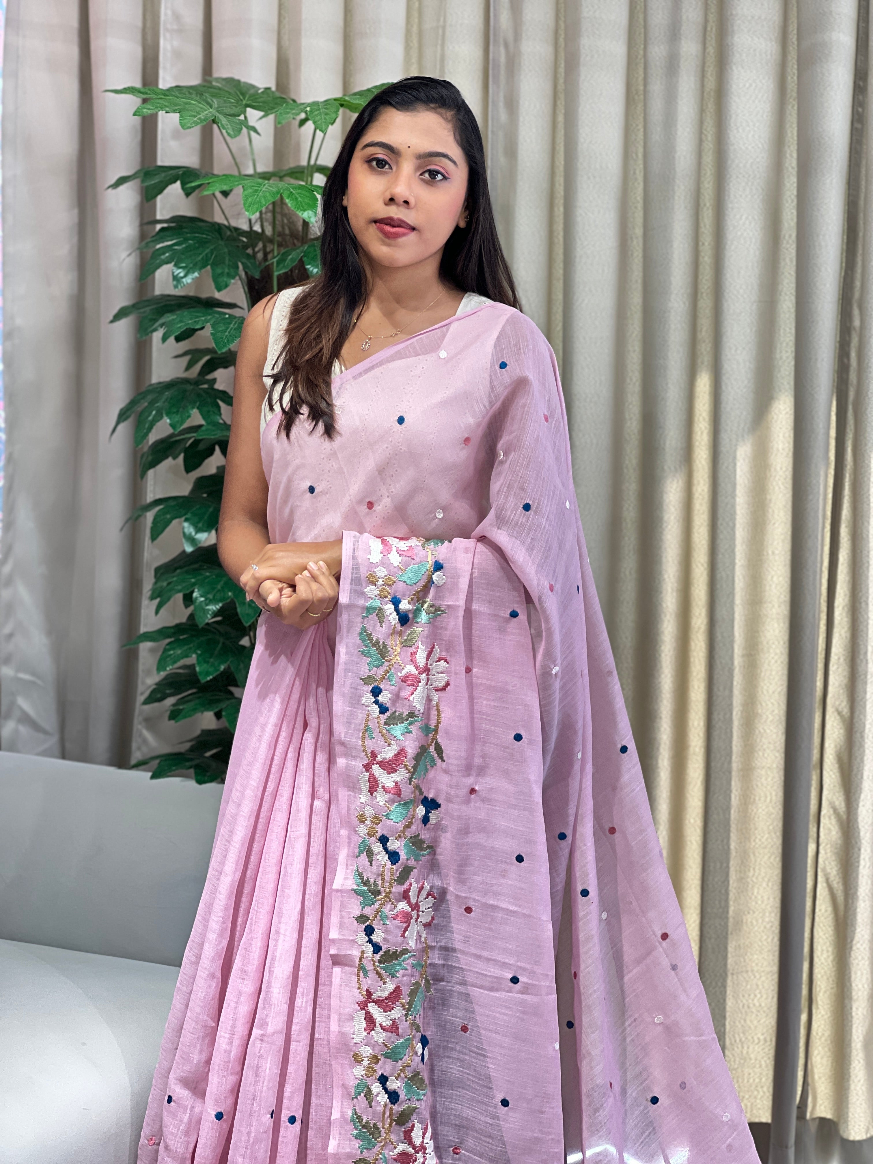 Floral Embroidered Linen Cotton Saree | RP793