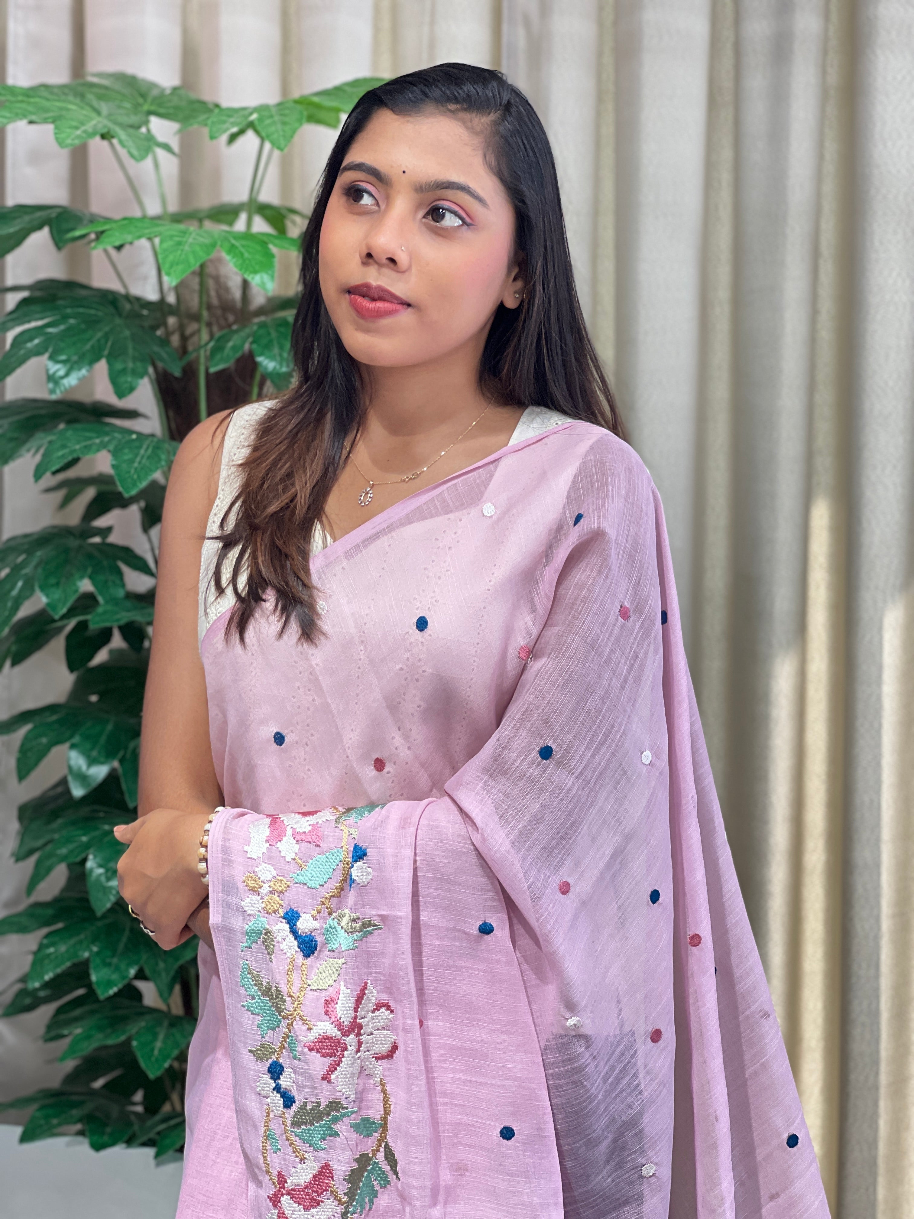 Floral Embroidered Linen Cotton Saree | RP793