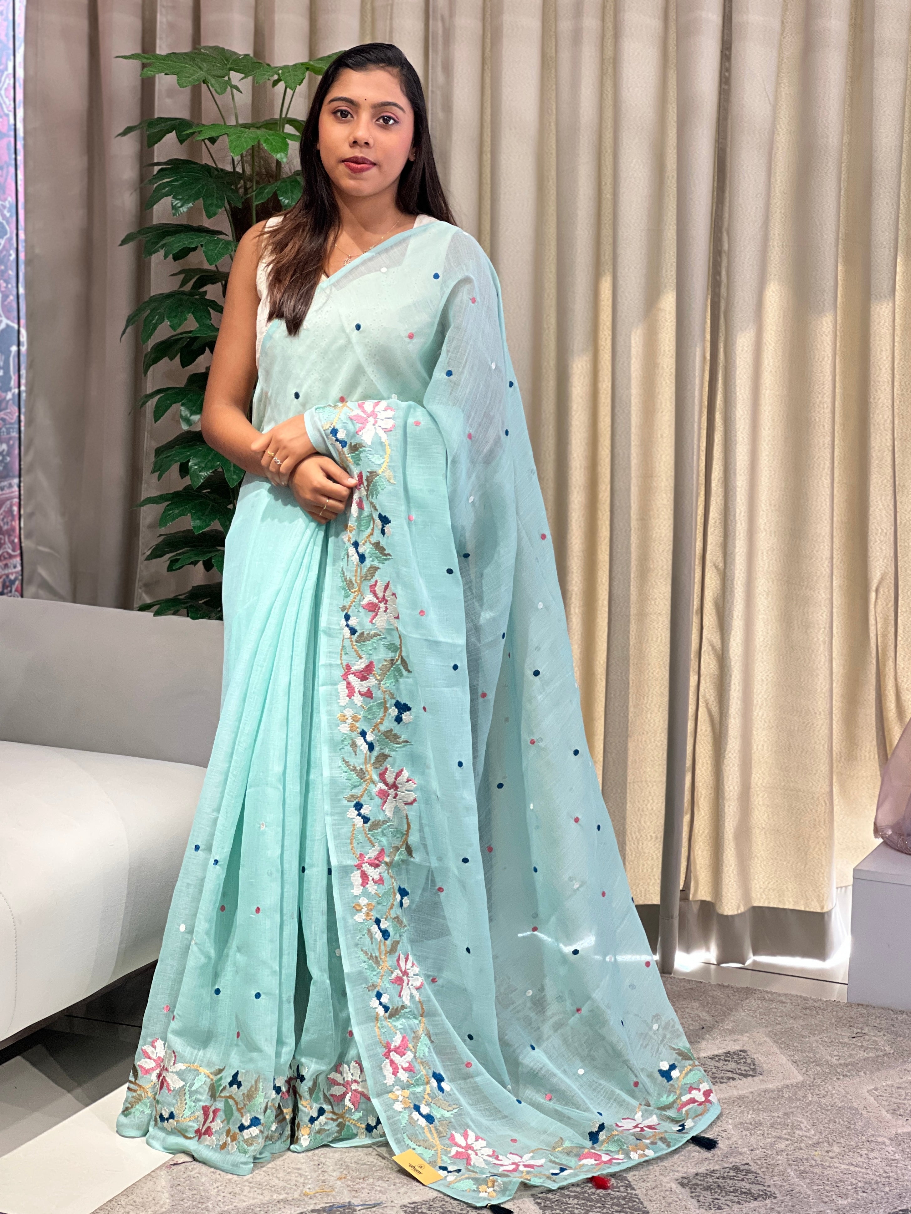 Floral Embroidered Linen Cotton Saree | RP797