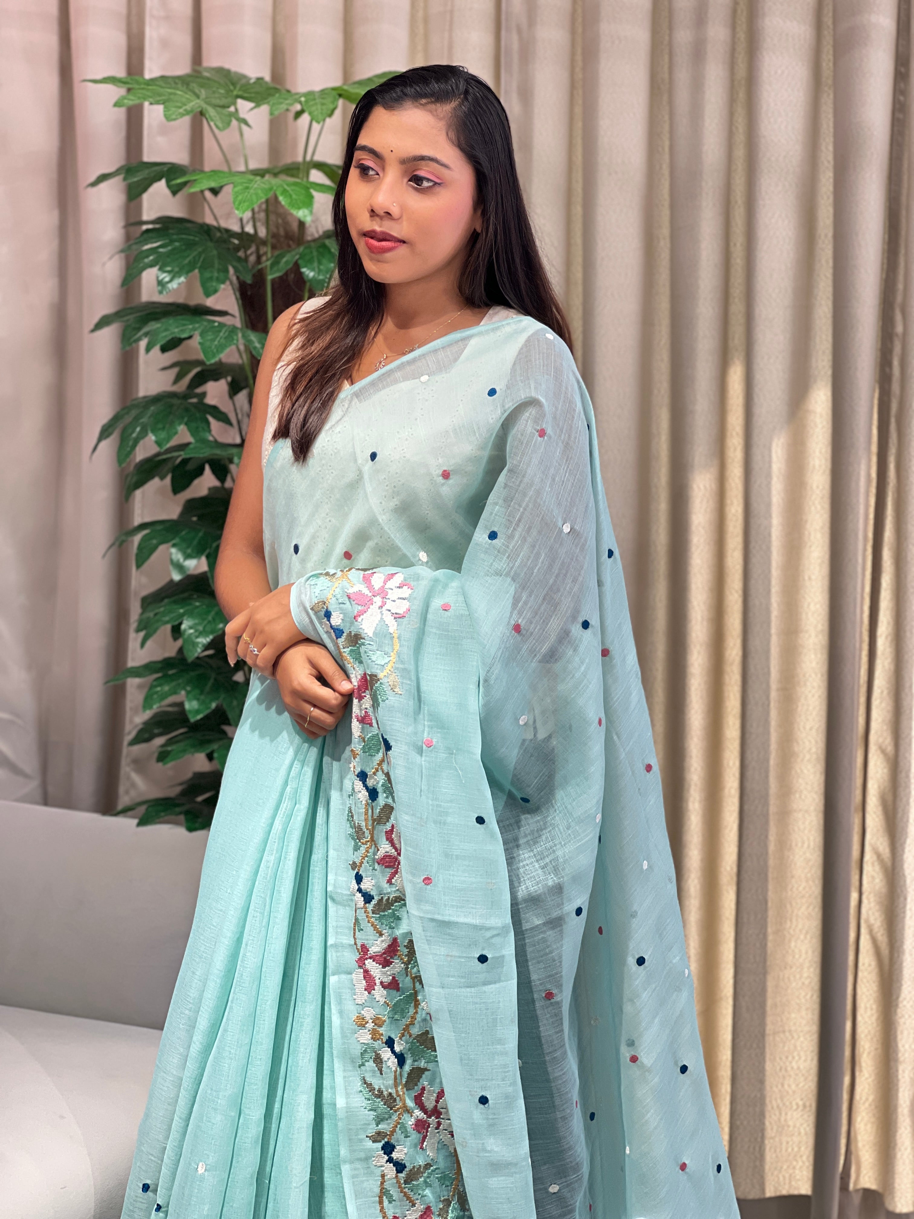 Floral Embroidered Linen Cotton Saree | RP797