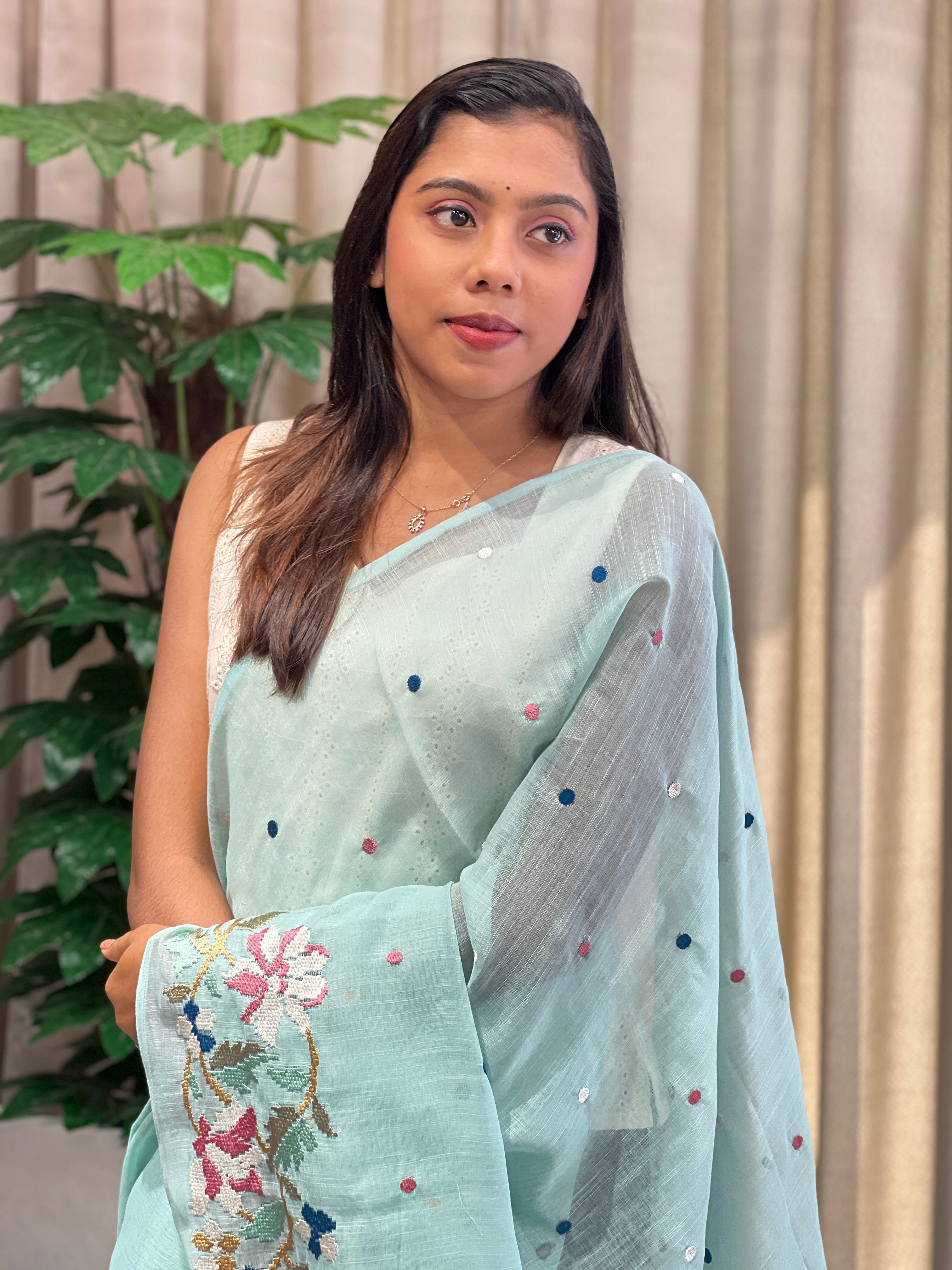 Floral Embroidered Linen Cotton Saree | RP797