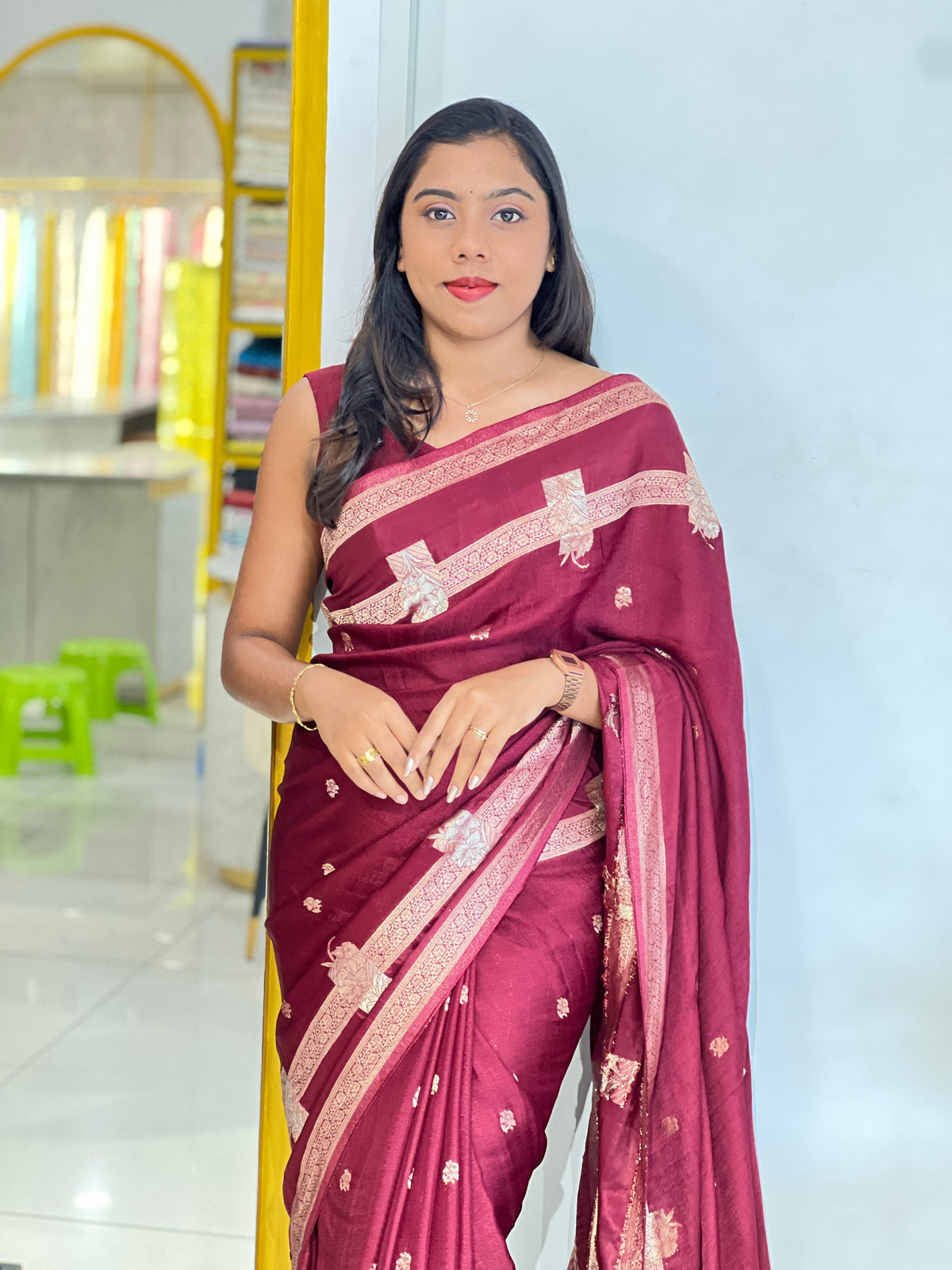 Embossed Woven Semi Crepe Saree | RS177