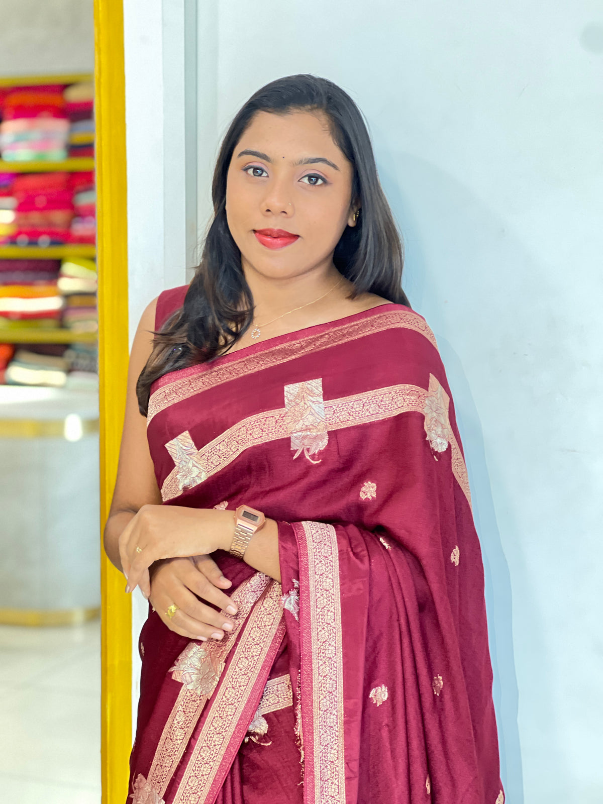 Embossed Woven Semi Crepe Saree | RS177