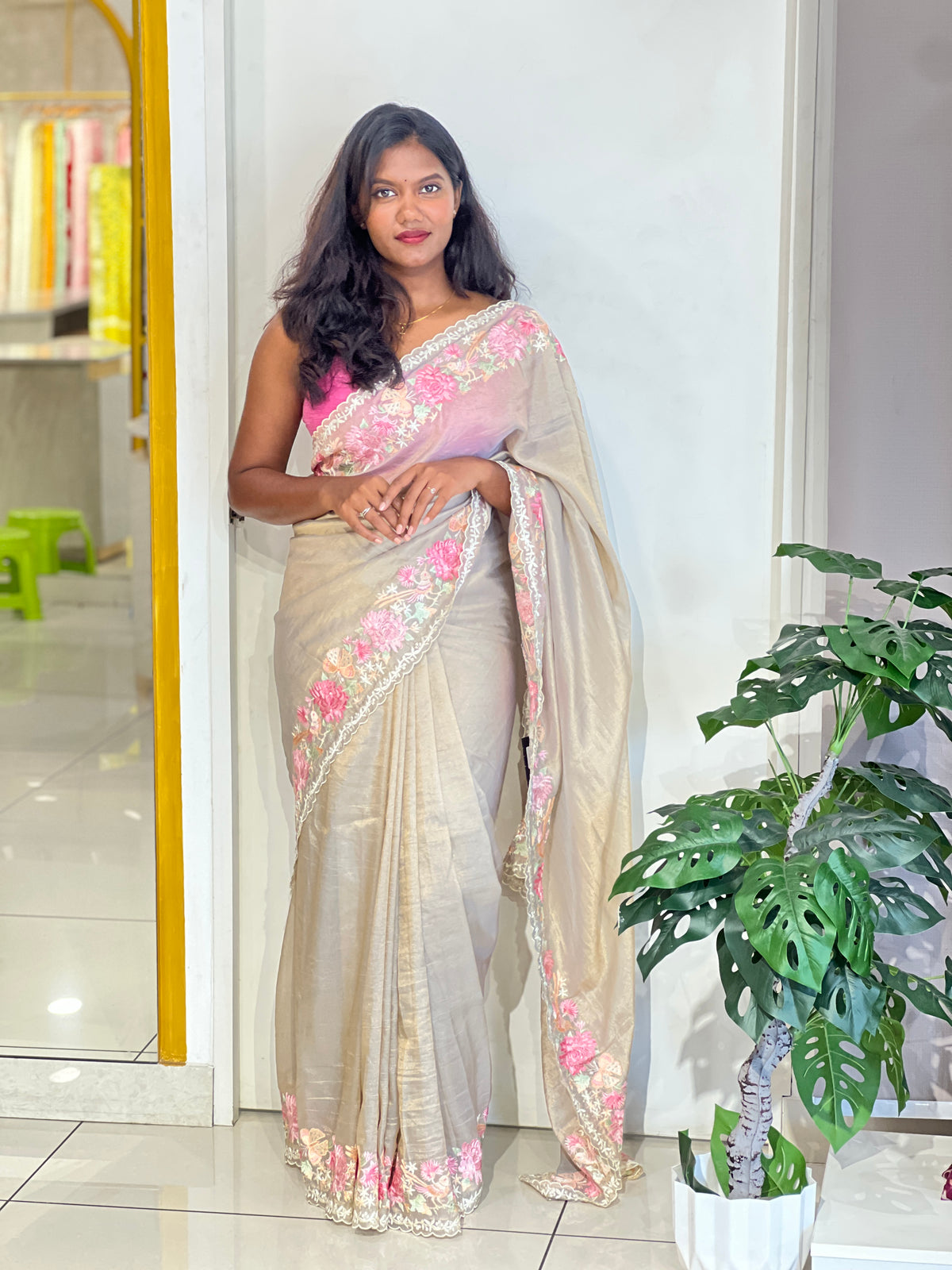 Multi-Colour Floral Embroidered Shimmer Organza Saree | BLD1486