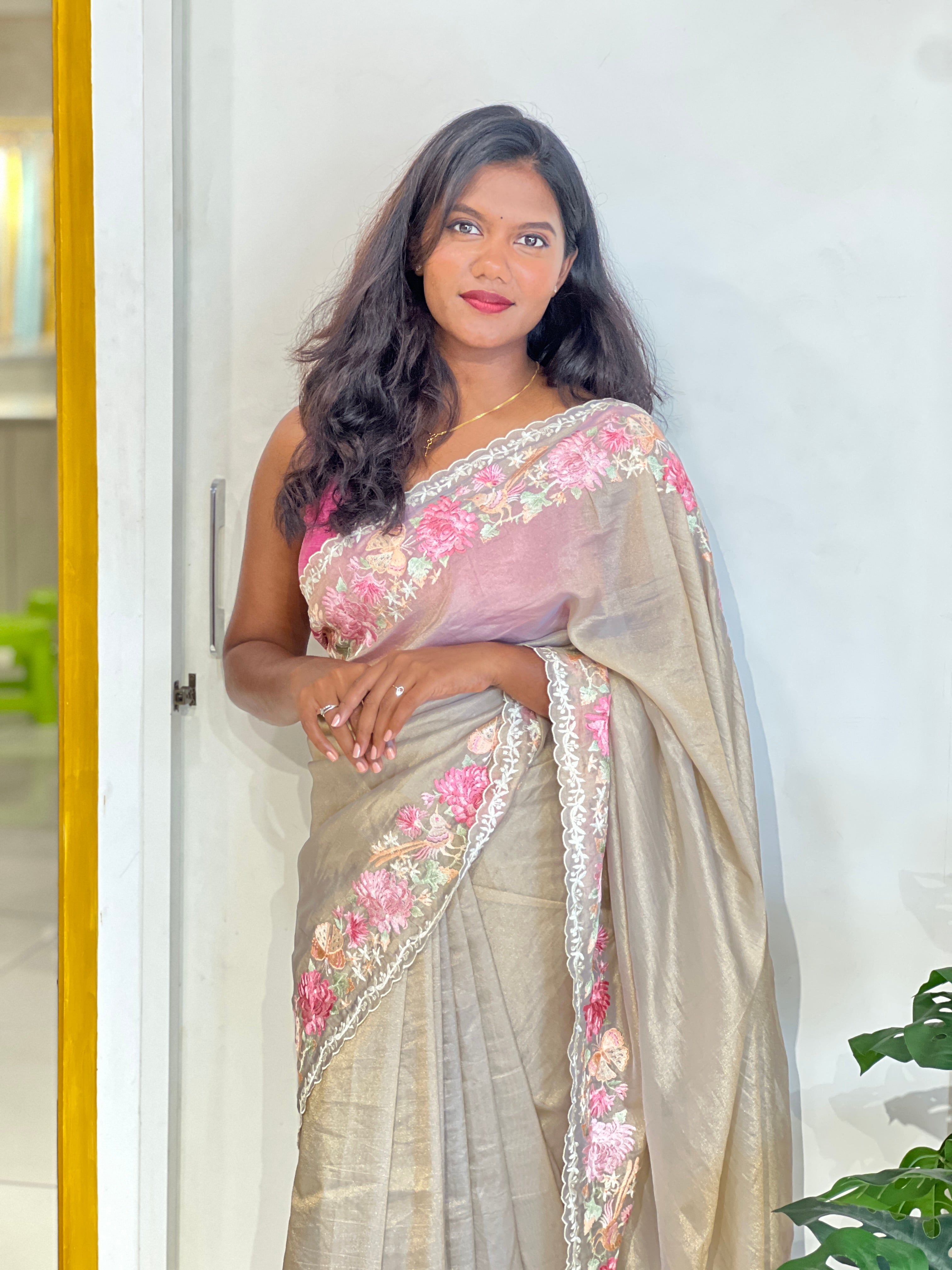 Multi-Colour Floral Embroidered Shimmer Organza Saree | BLD1486