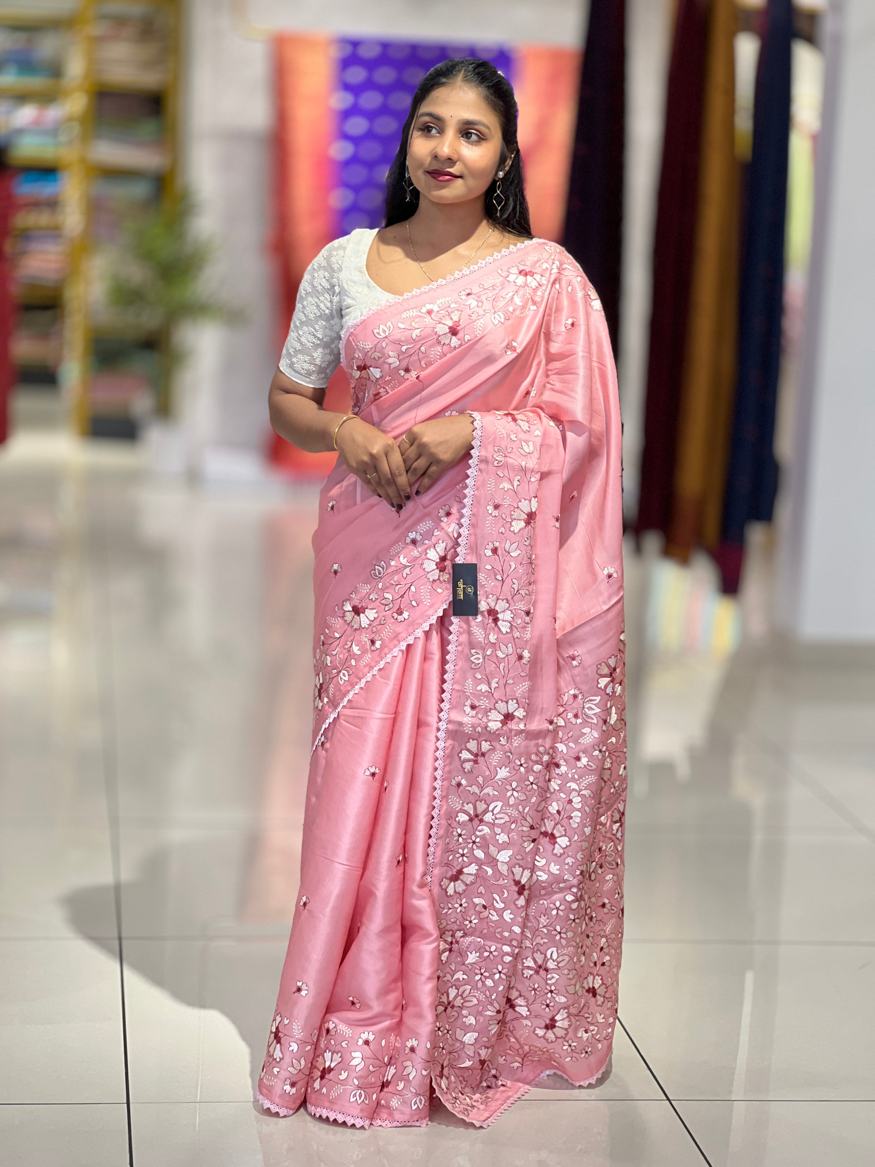 Machine Embroidery Detailed Semi Tussar Saree | SUN585