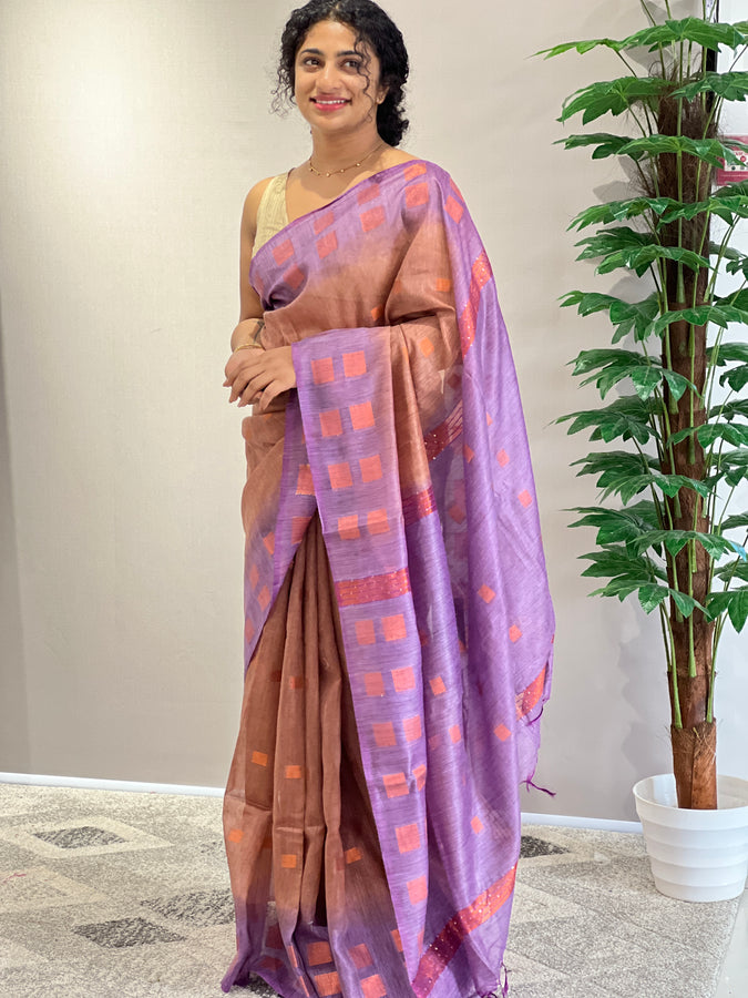 Copper Zari Weaved Shaded Bhagalpuri Linen Saree | NHH257