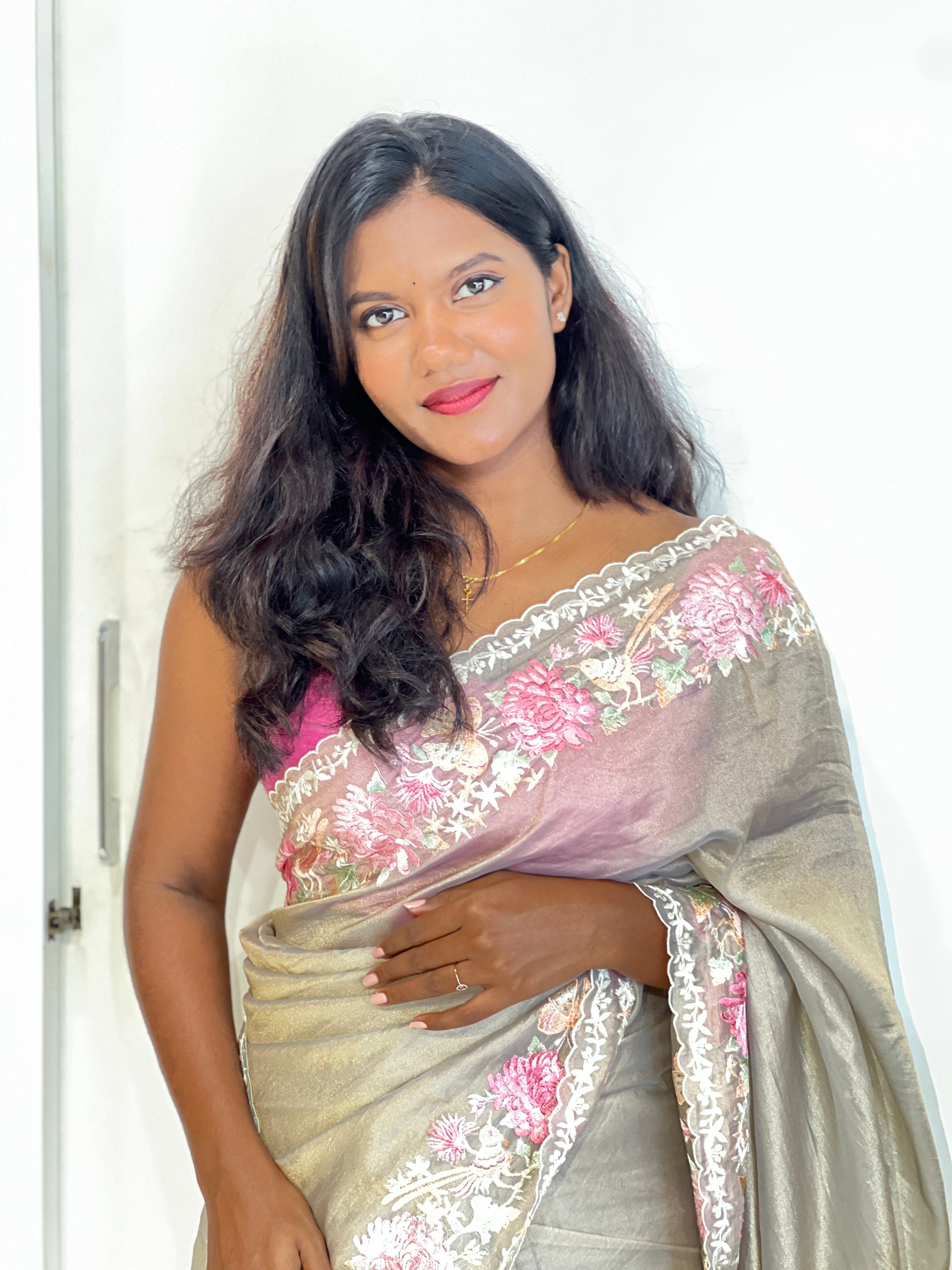 Multi-Colour Floral Embroidered Shimmer Organza Saree | BLD1486