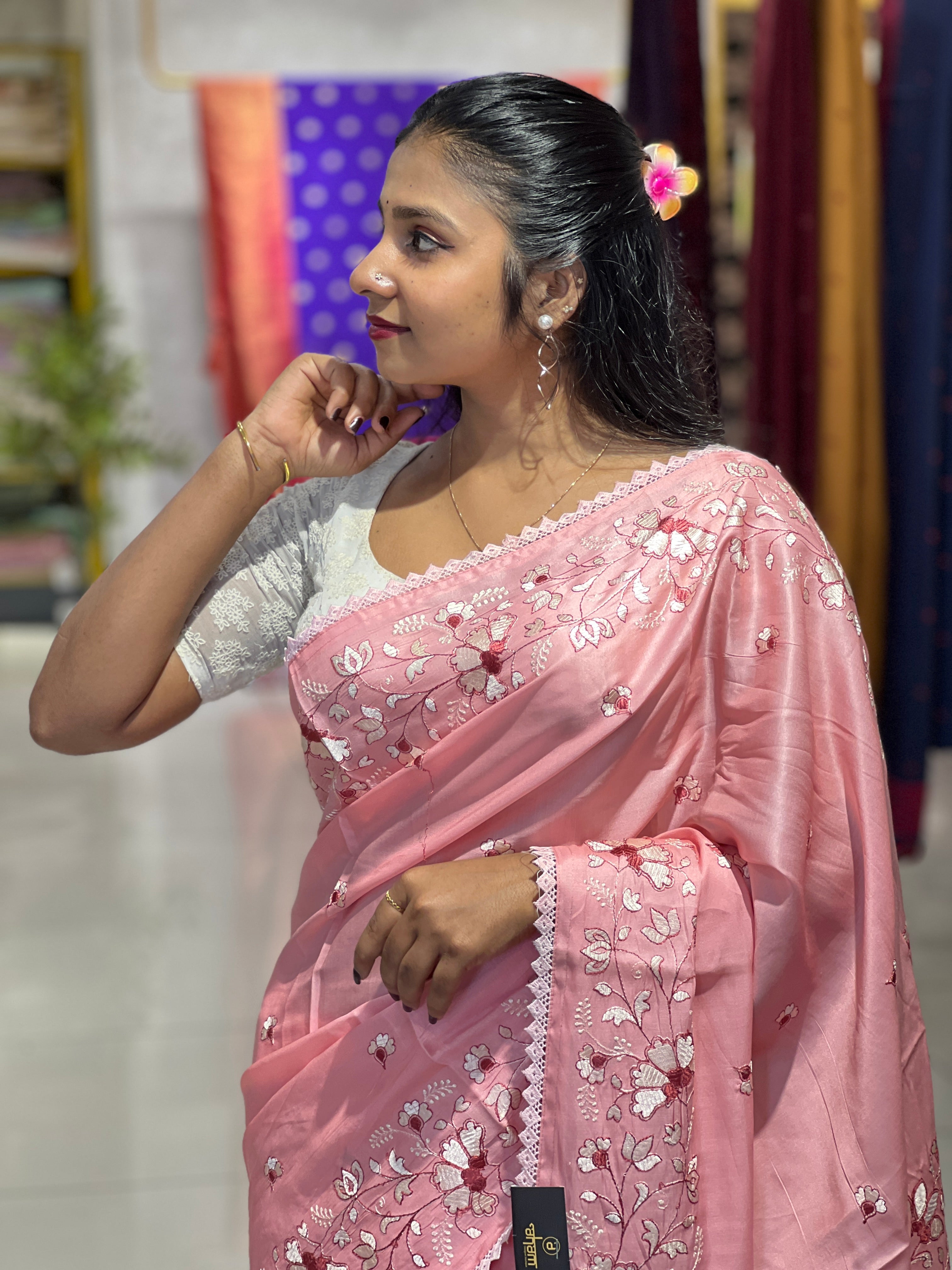 Machine Embroidery Detailed Semi Tussar Saree | SUN585