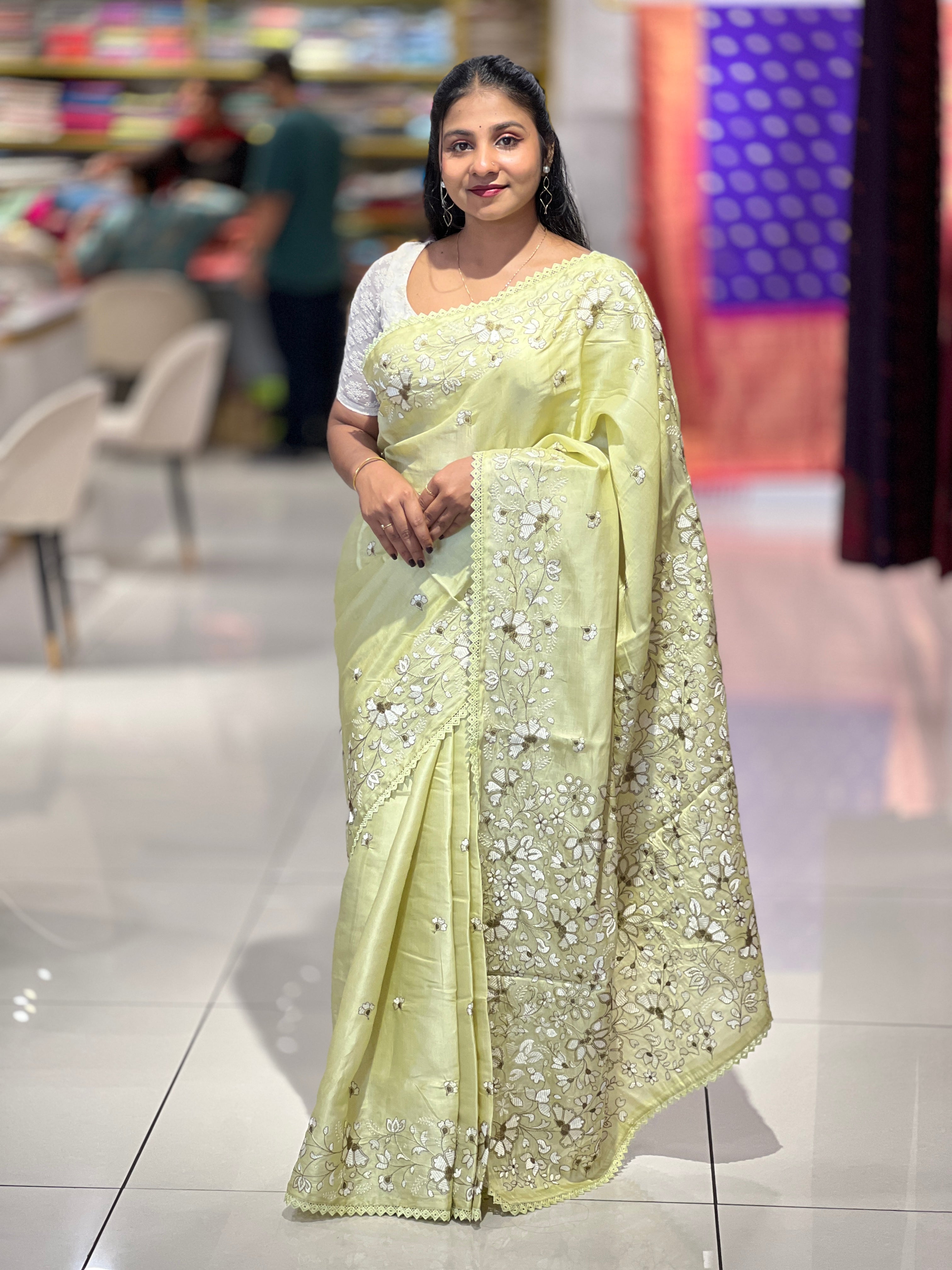 Machine Embroidery Detailed Semi Tussar Saree | SUN583