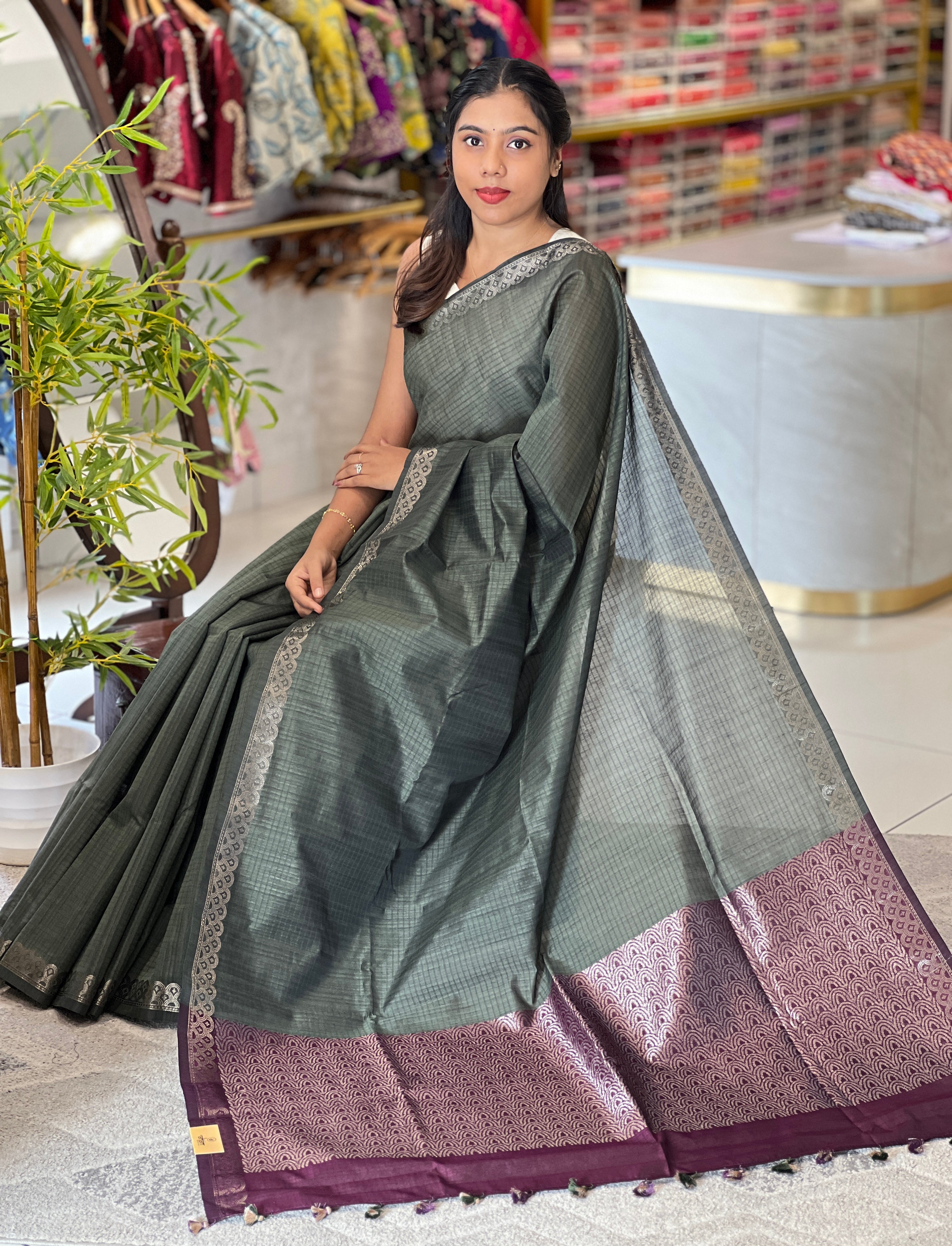 Self Weaved Check Patterned Poly Cotton Saree | RSF103