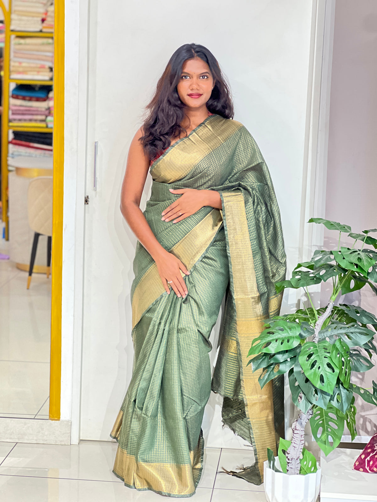 Check Pattern Bhagalpuri Linen Saree | NHH649