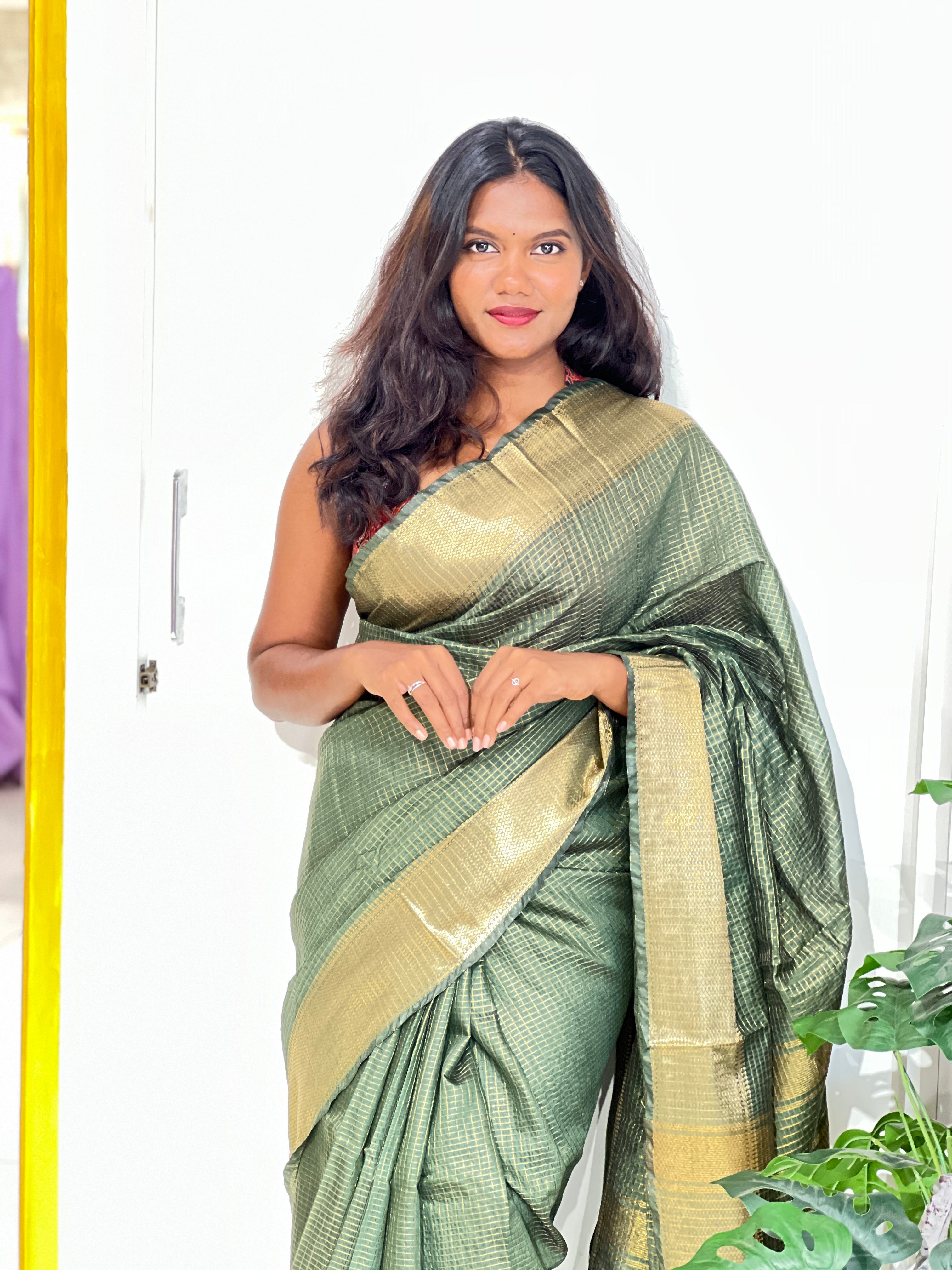 Check Pattern Bhagalpuri Linen Saree | NHH649