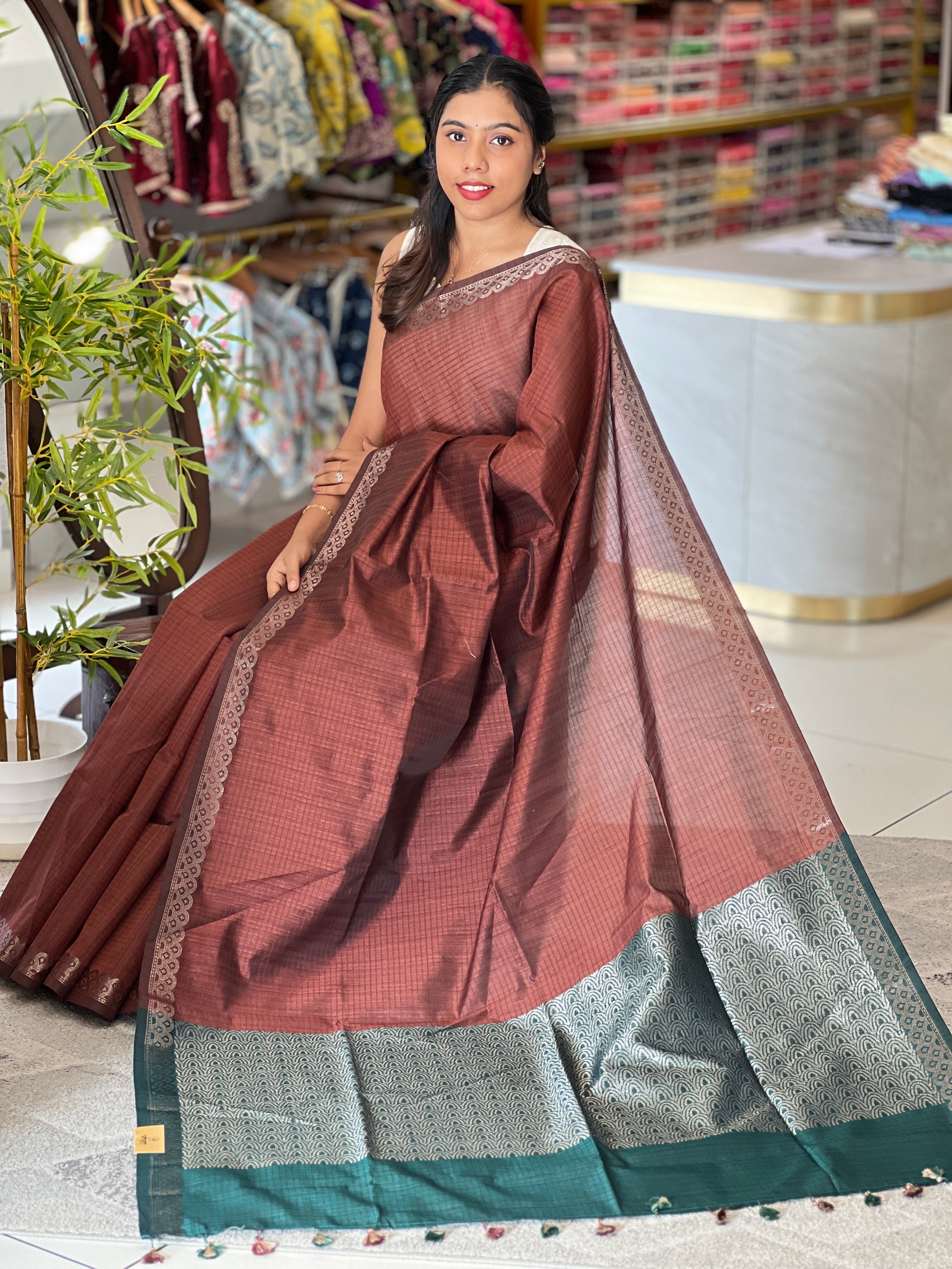 Self Weaved Check Patterned Poly Cotton Saree | RSF101