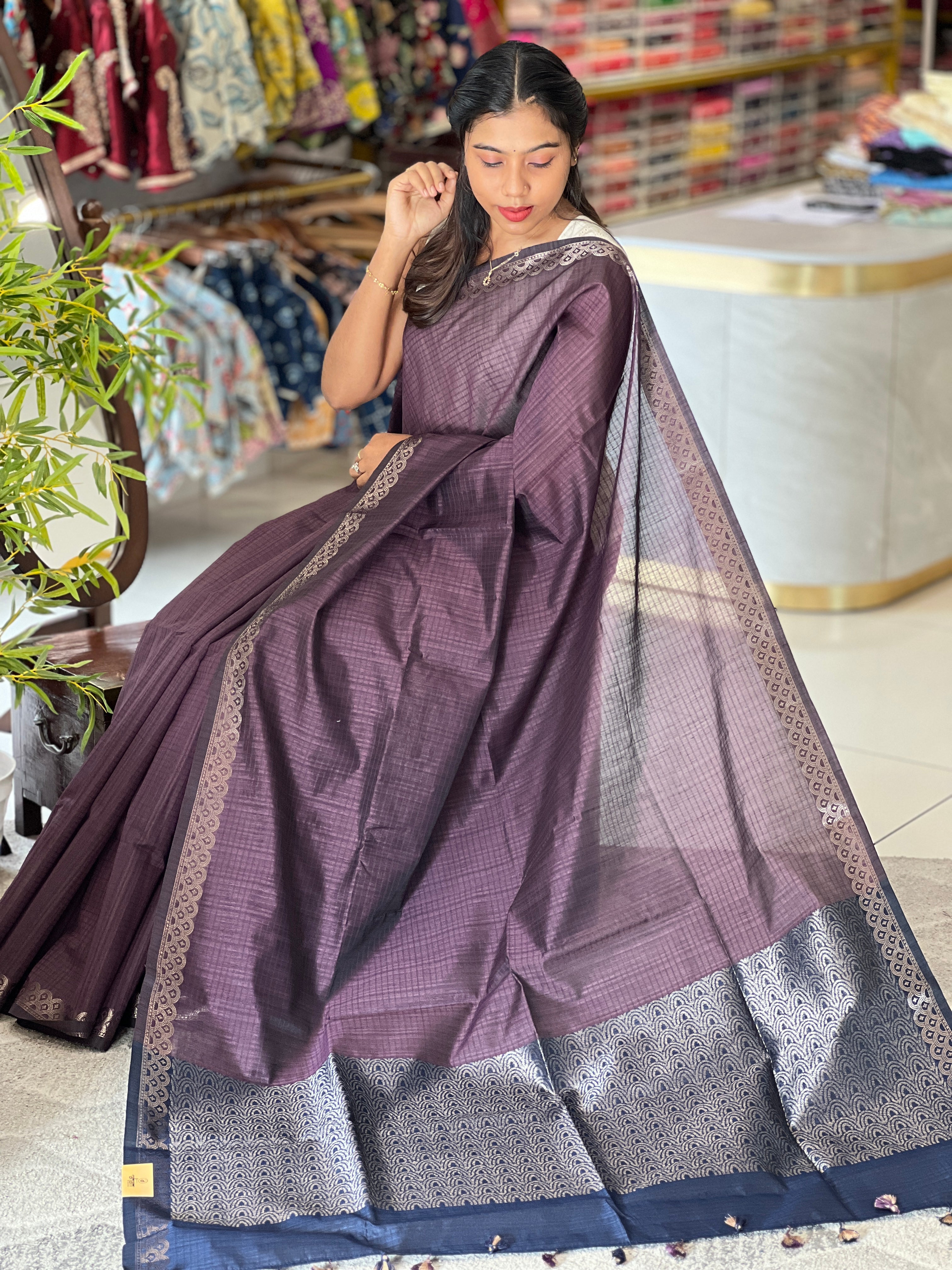 Self Weaved Check Patterned Poly Cotton Saree | RSF104