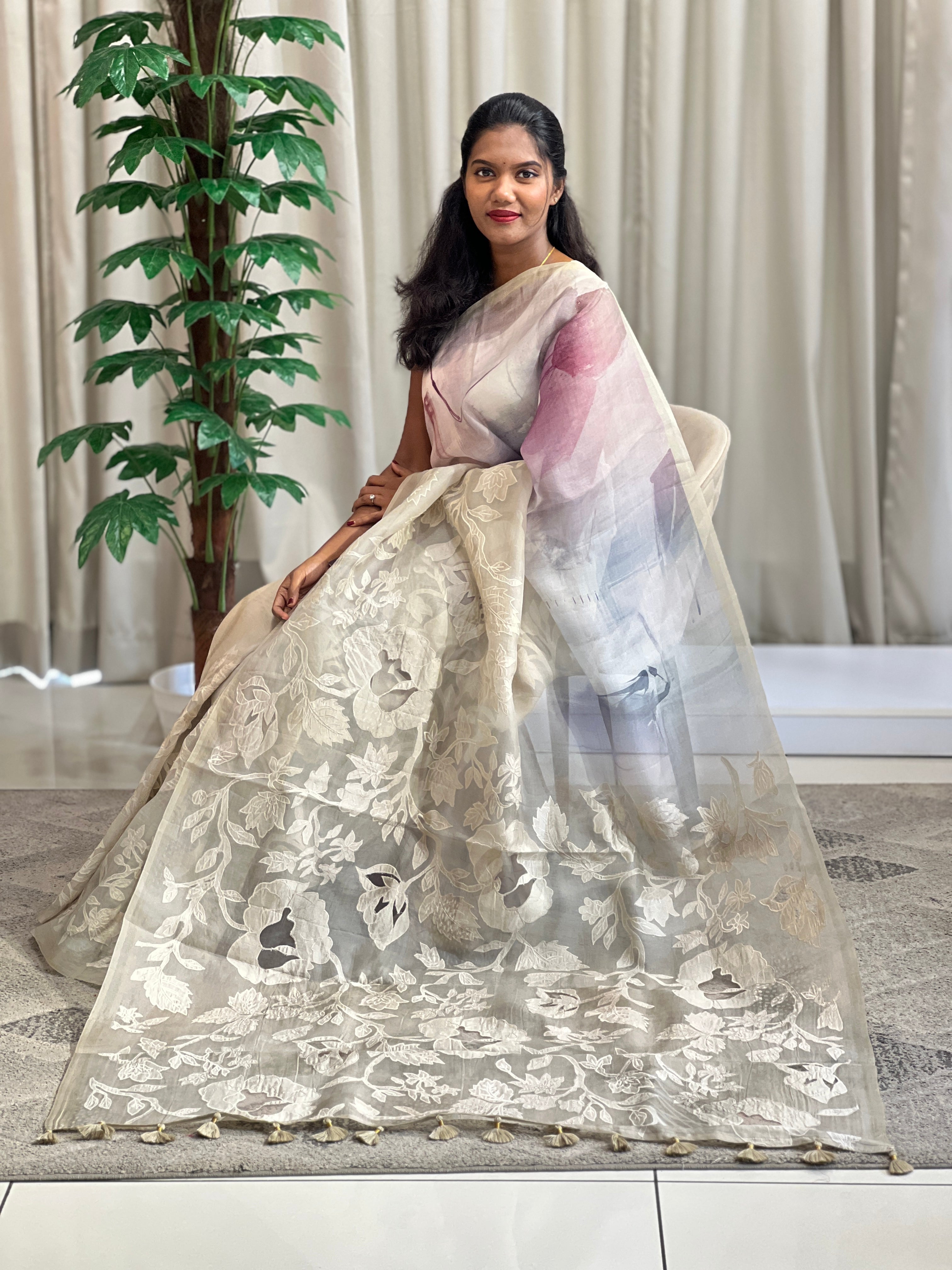 Digital Printed Applique Organza Saree | SMC221