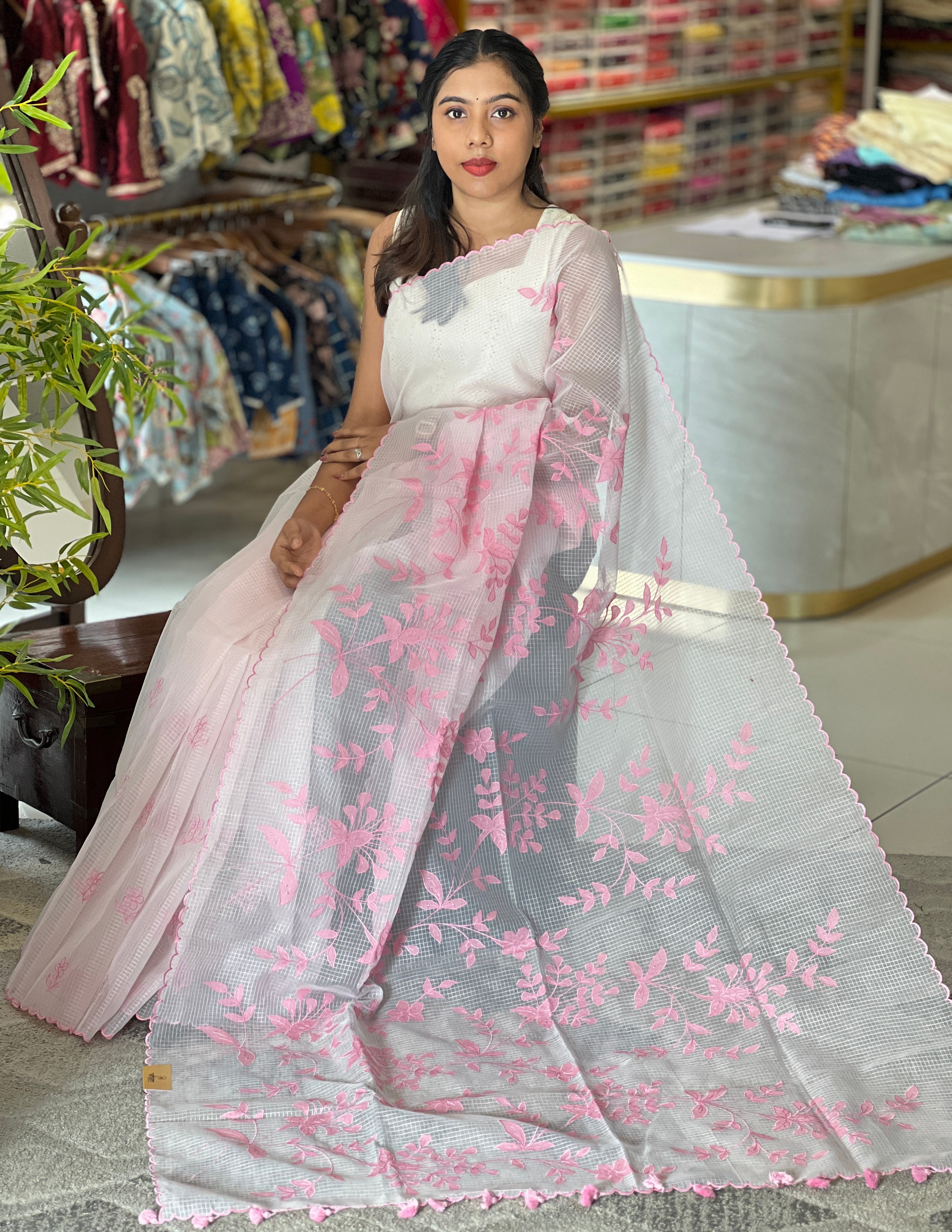 Applique Work & Embroidery Detailed Check Organza Saree | RSF114