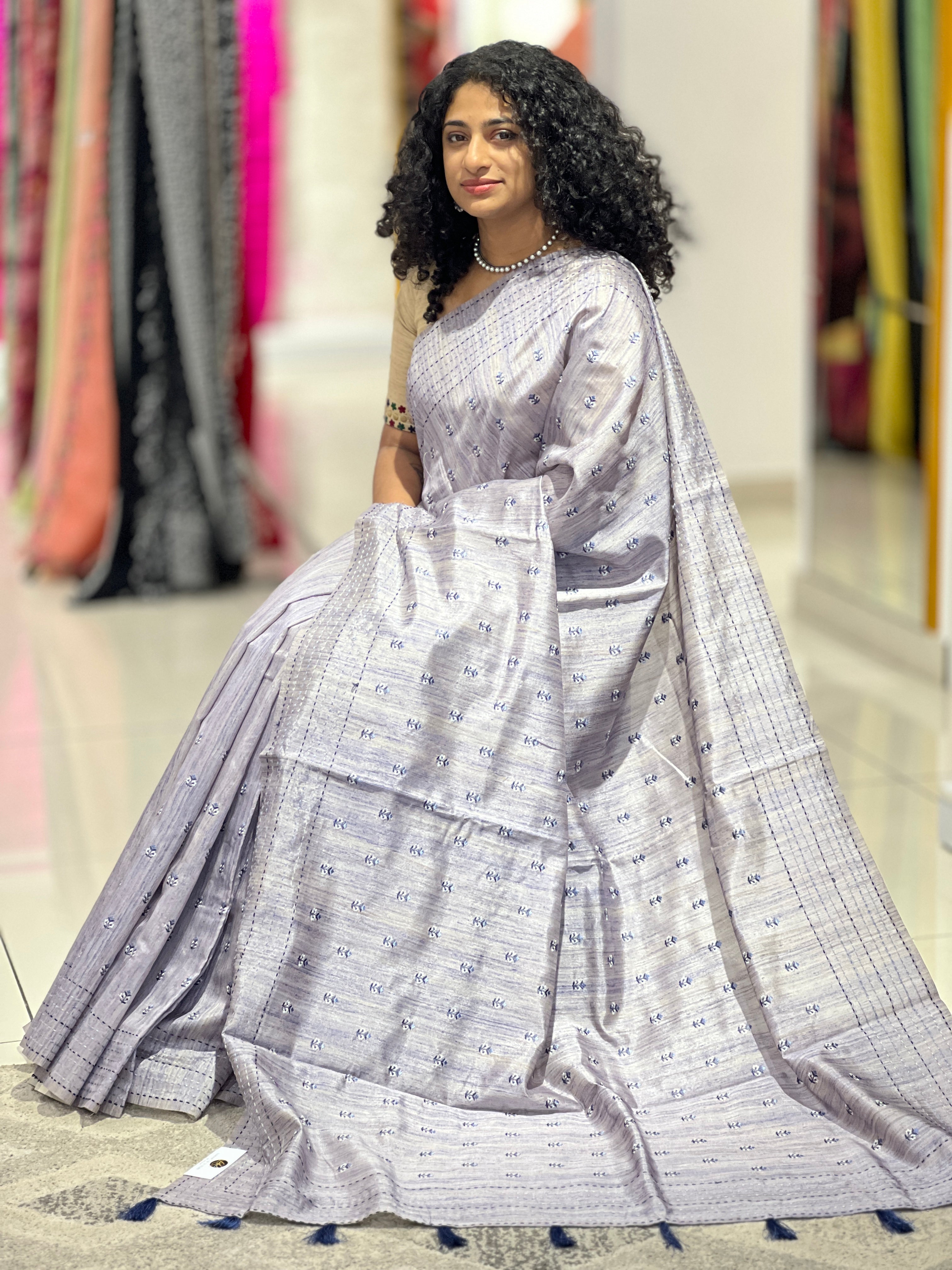 Machine Embroidery Semi Tussar Saree | SBS1013