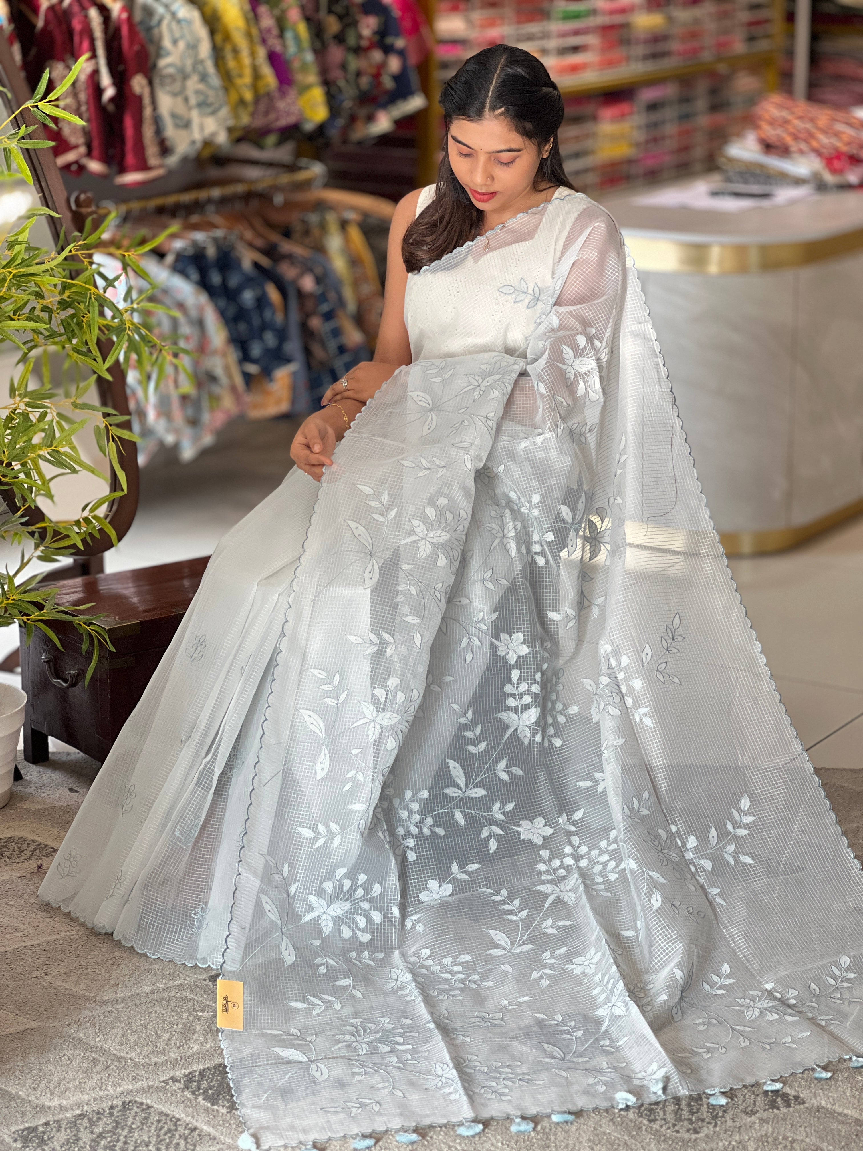 Applique Work & Embroidery Detailed Check Organza Saree | RSF110