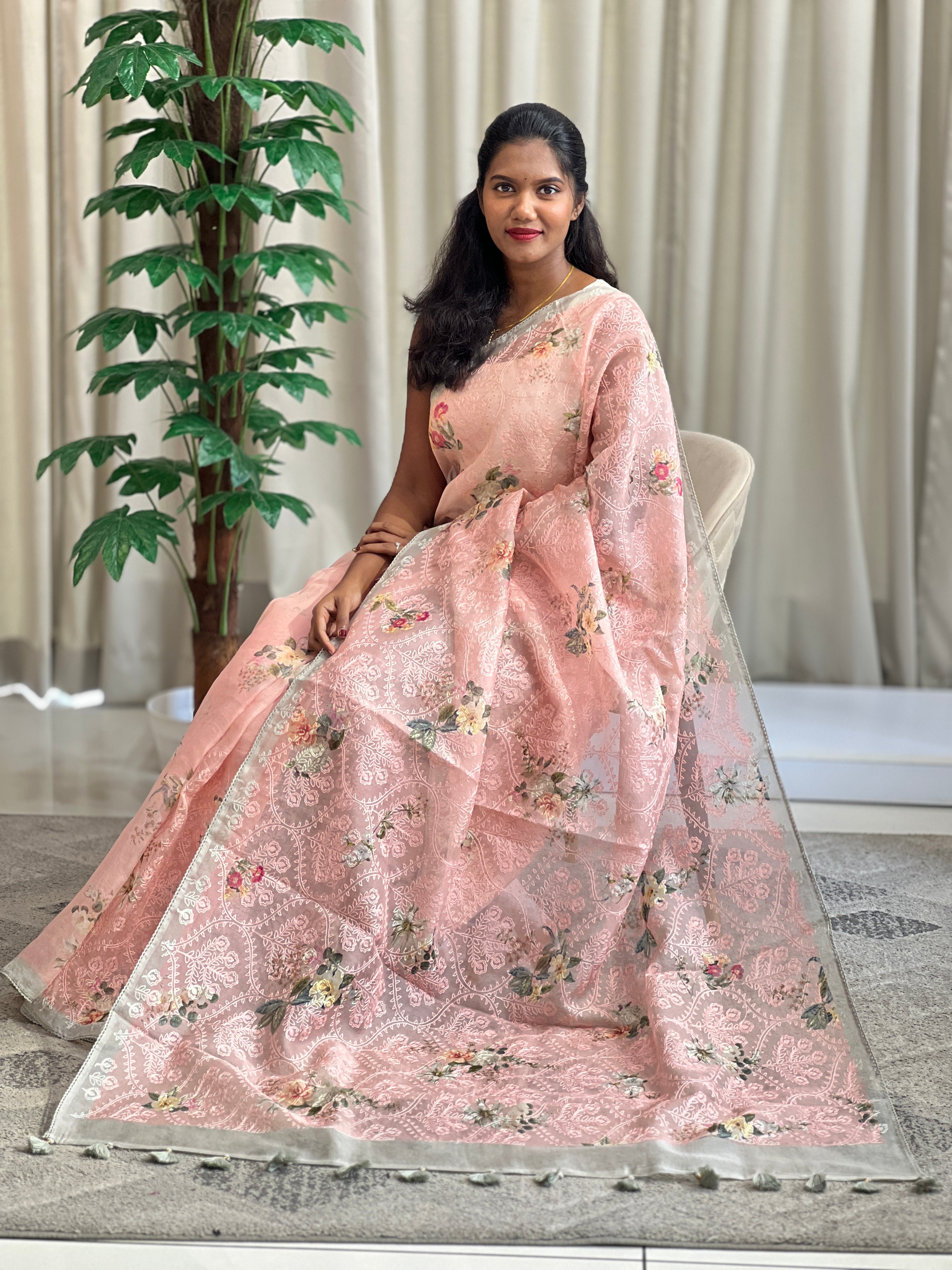 Digital Printed Embroidered Organza Saree | SMC220