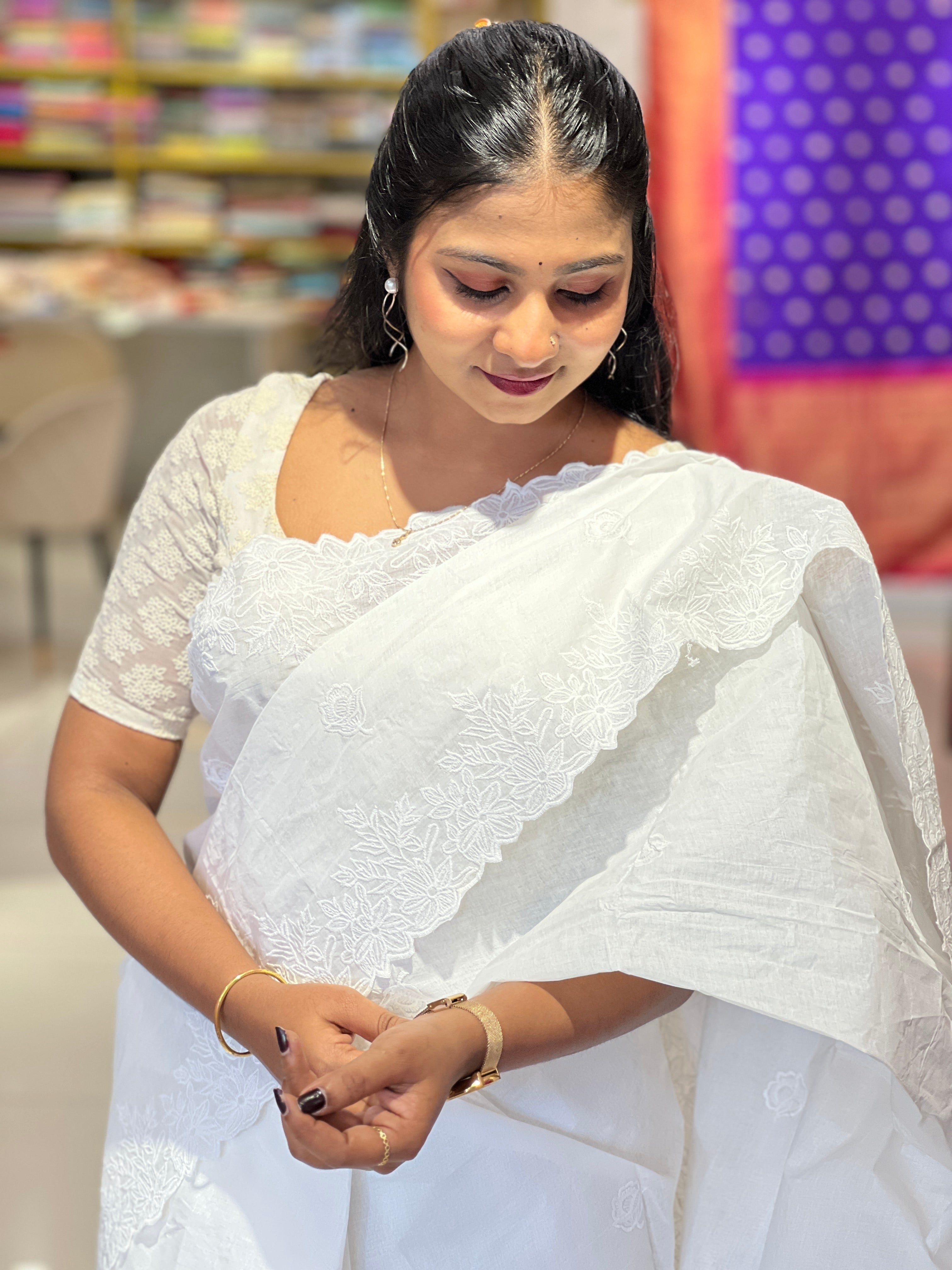 Embroidery Detailed Organdy Cotton Saree | VDA273