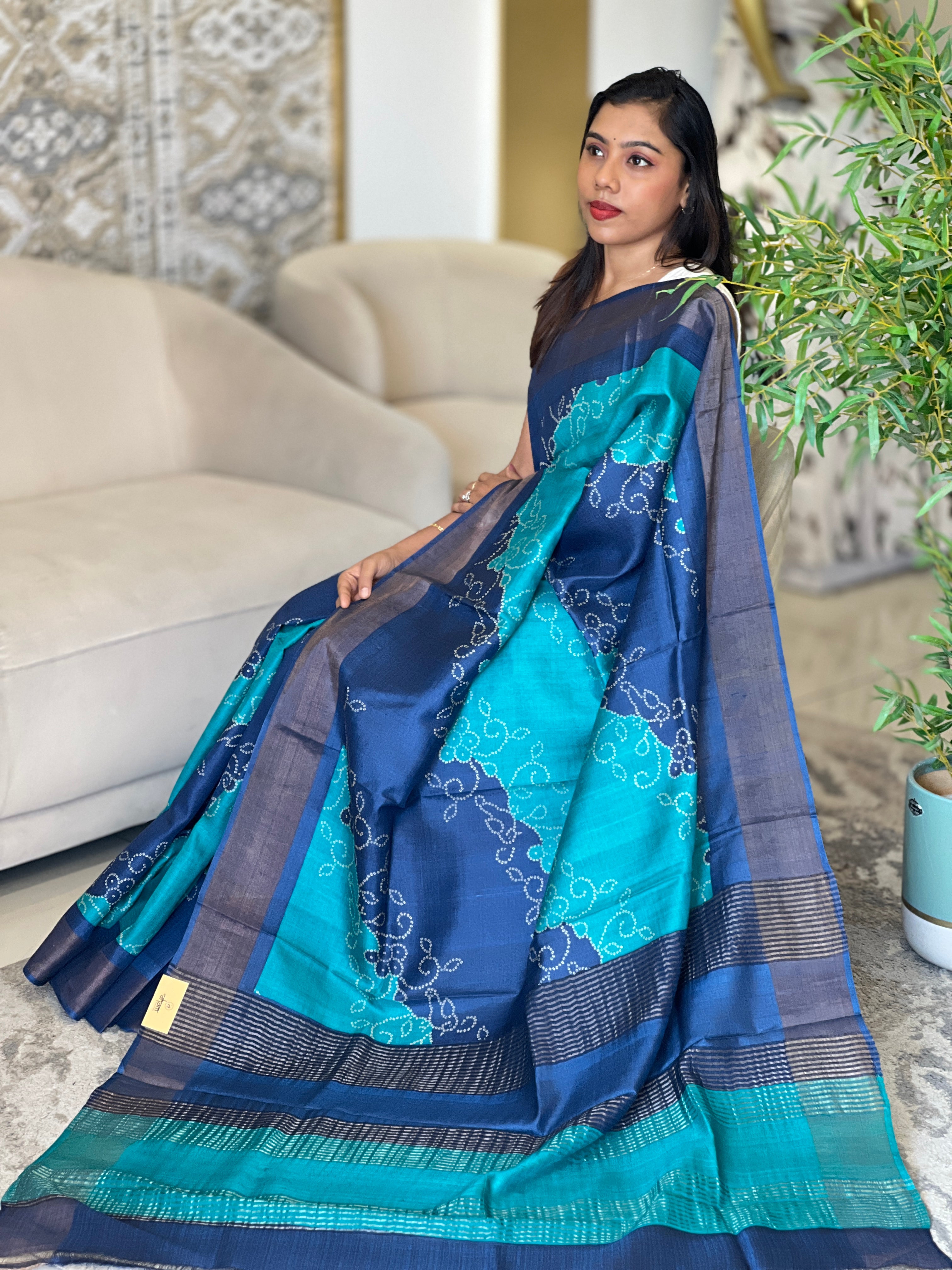 Shibori Tie & Dye Print Patterned Desi Tussar Saree | RGD1052