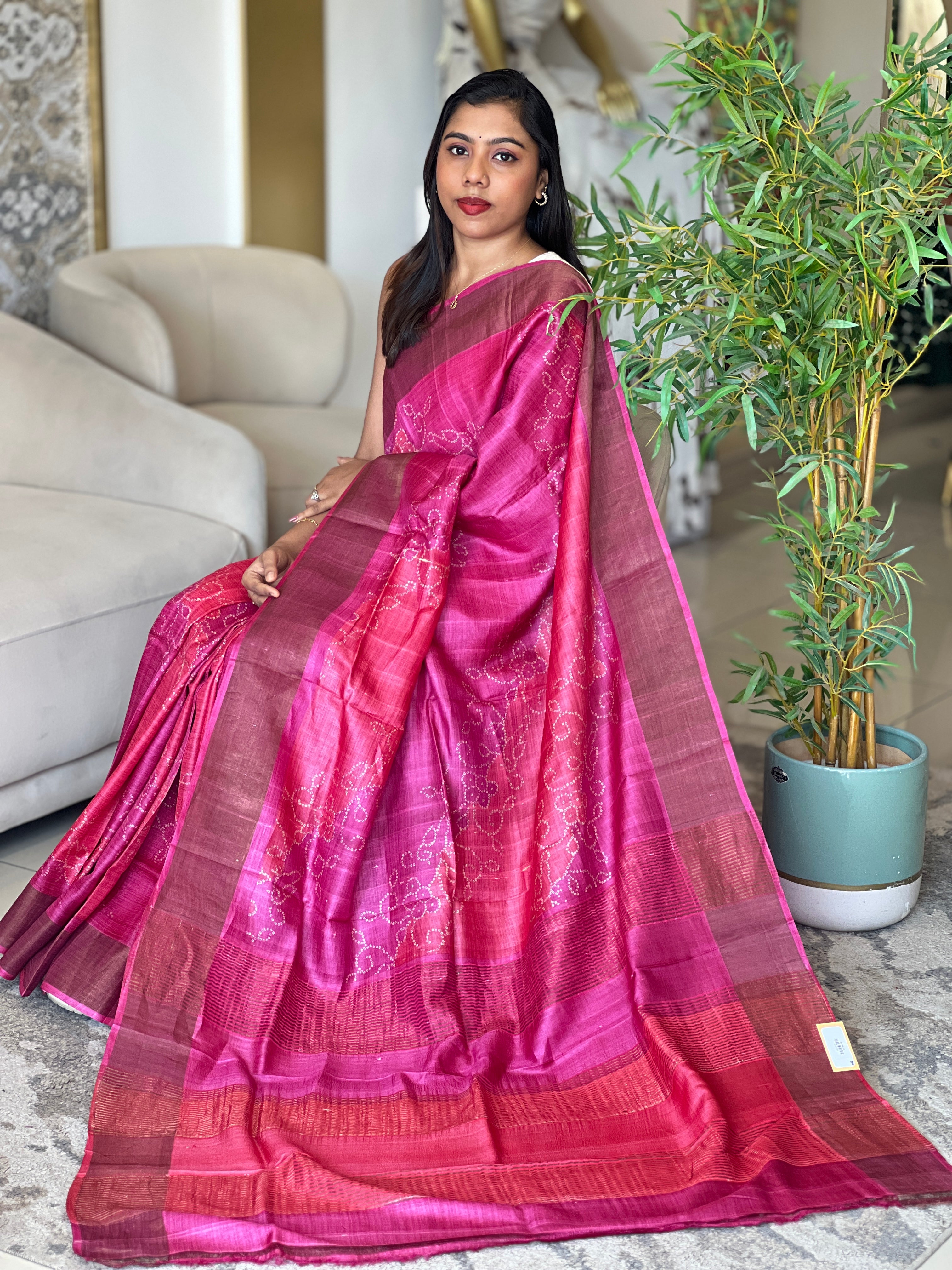 Shibori Tie & Dye Print Patterned Desi Tussar Saree | RGD1051